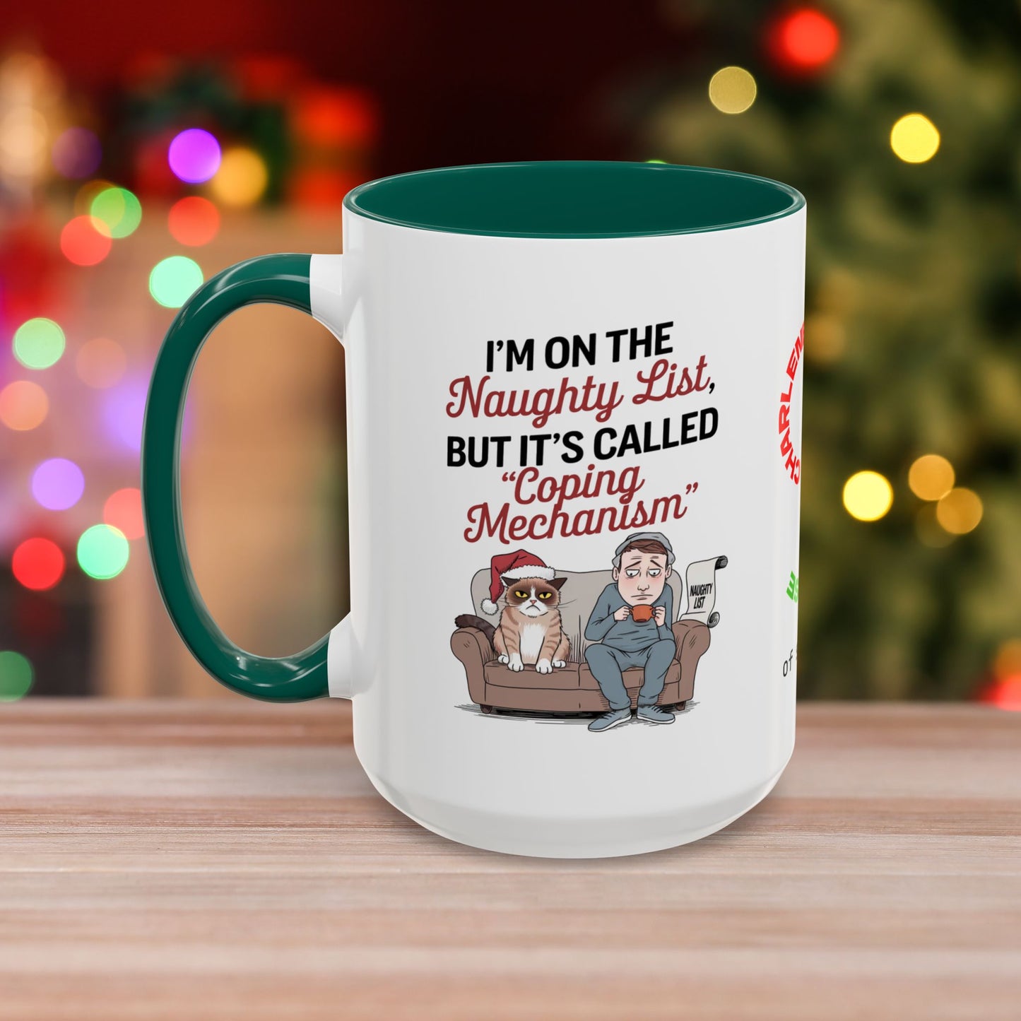 I'm On The Naughty List, But It's Called 'Coping Mechanism' - Christmas Mug with Male and Cat Design and Accent Color