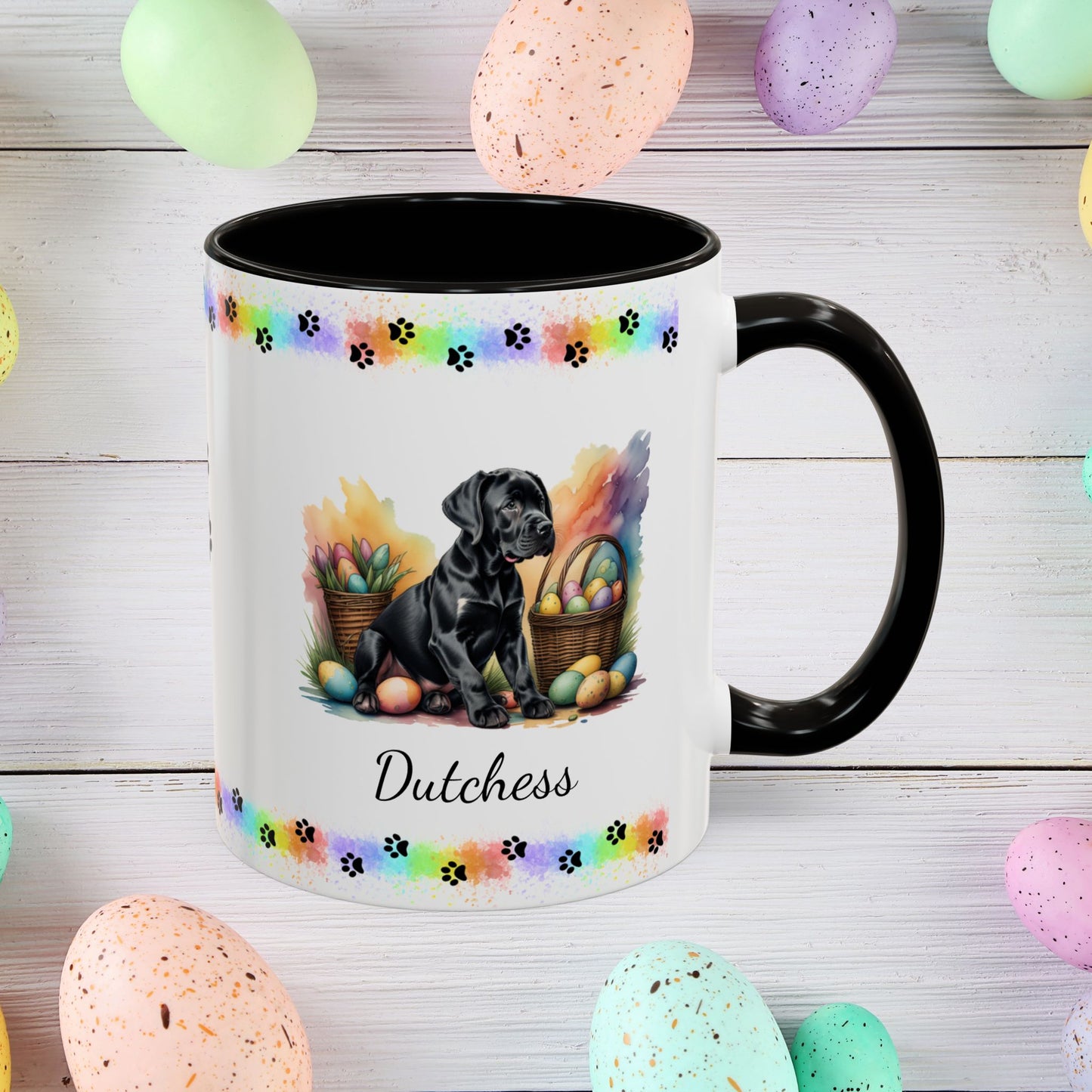 Great Dane Black Easter puppy coffee mug, personalized cute dog gift for mental health support and cozy sipping