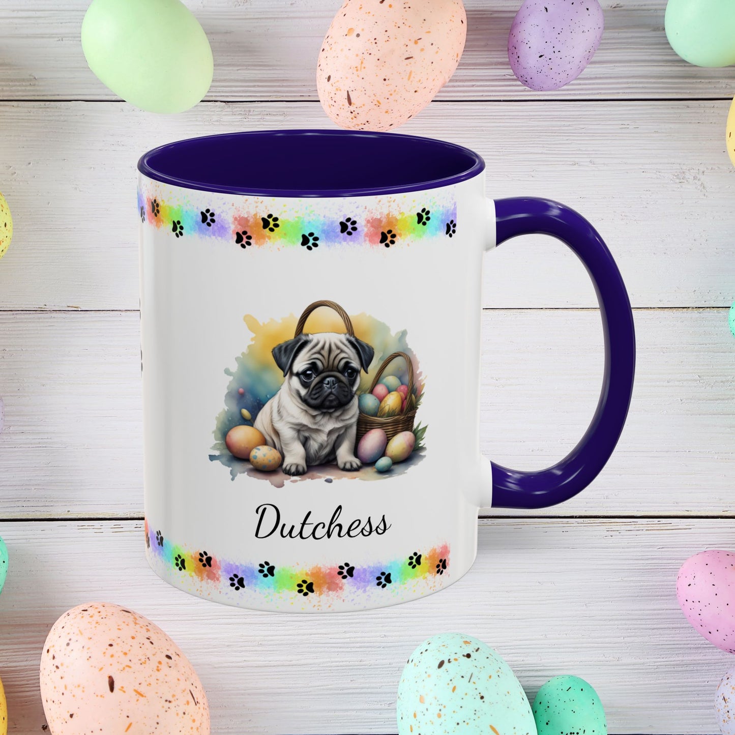 Sweet Pug Easter puppy coffee mug personalized for dog lovers, uplifting mental health and spreading Easter cheer.