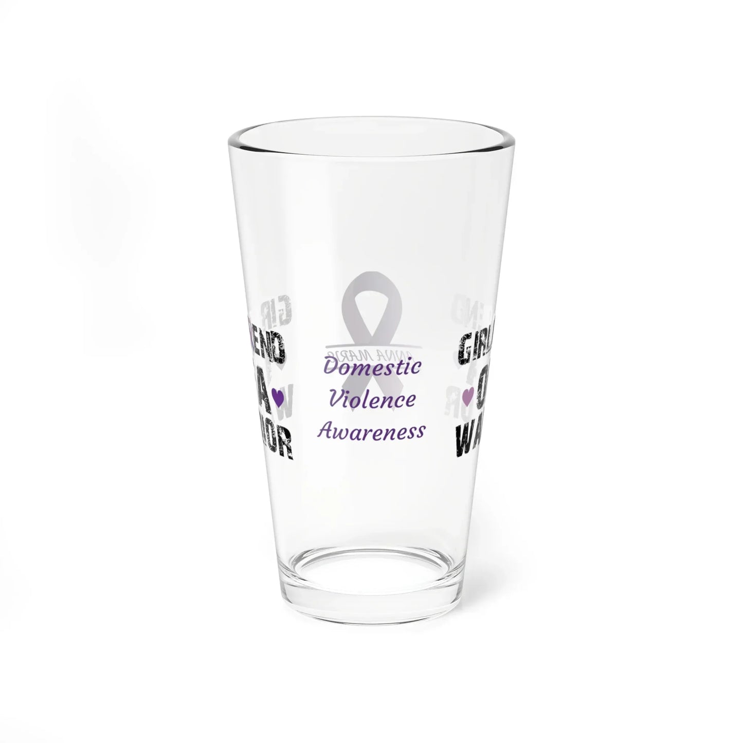 Shop our premium girlfriend of a warrior domestic violence awareness pint glass 16oz from MySisterIsASurvivor.