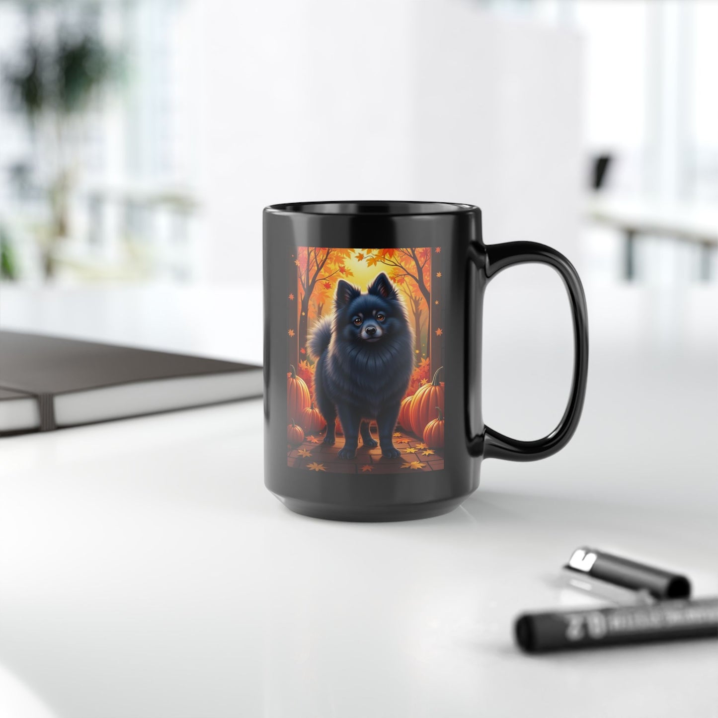 Blue Pomeranian custom autumn mug, personalized dog parent coffee cup for seasonal fall vibes