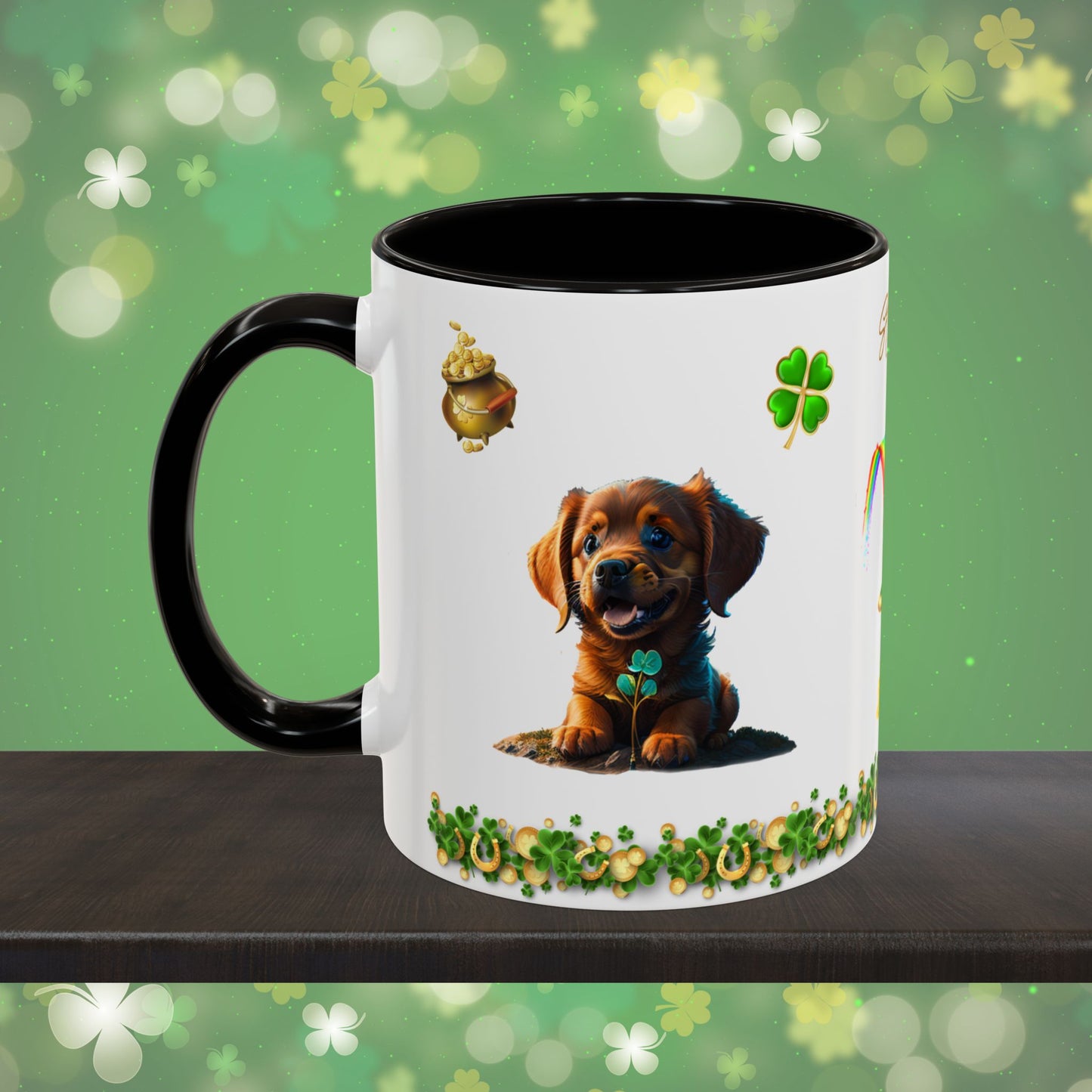 Shamrock Serenity Puppy: St. Patrick's Day Two-Tone Coffee Mug - Festive Ceramic Mug for Positivity & Mindfulness