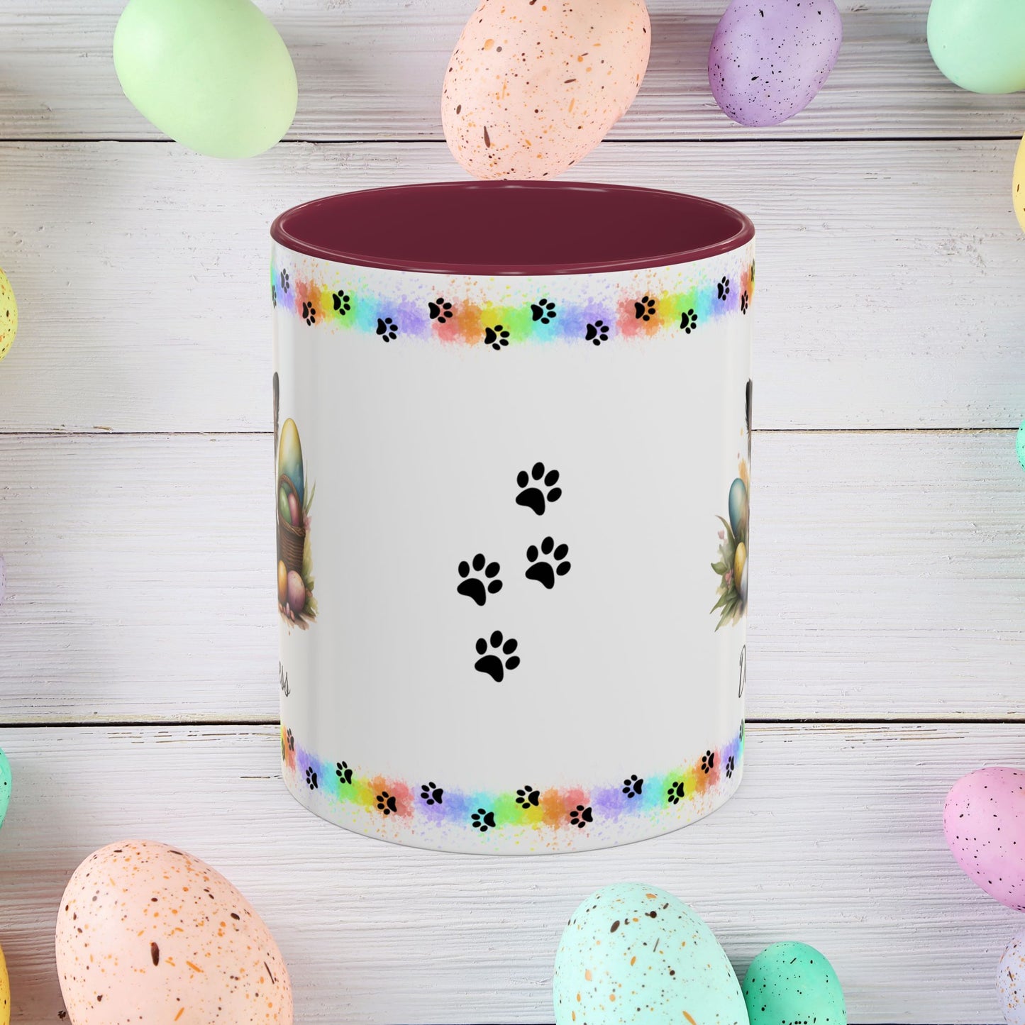 Papillon White, Black & Tan Easter puppy coffee mug, personalized cute dog coffee cup gift for mental health support