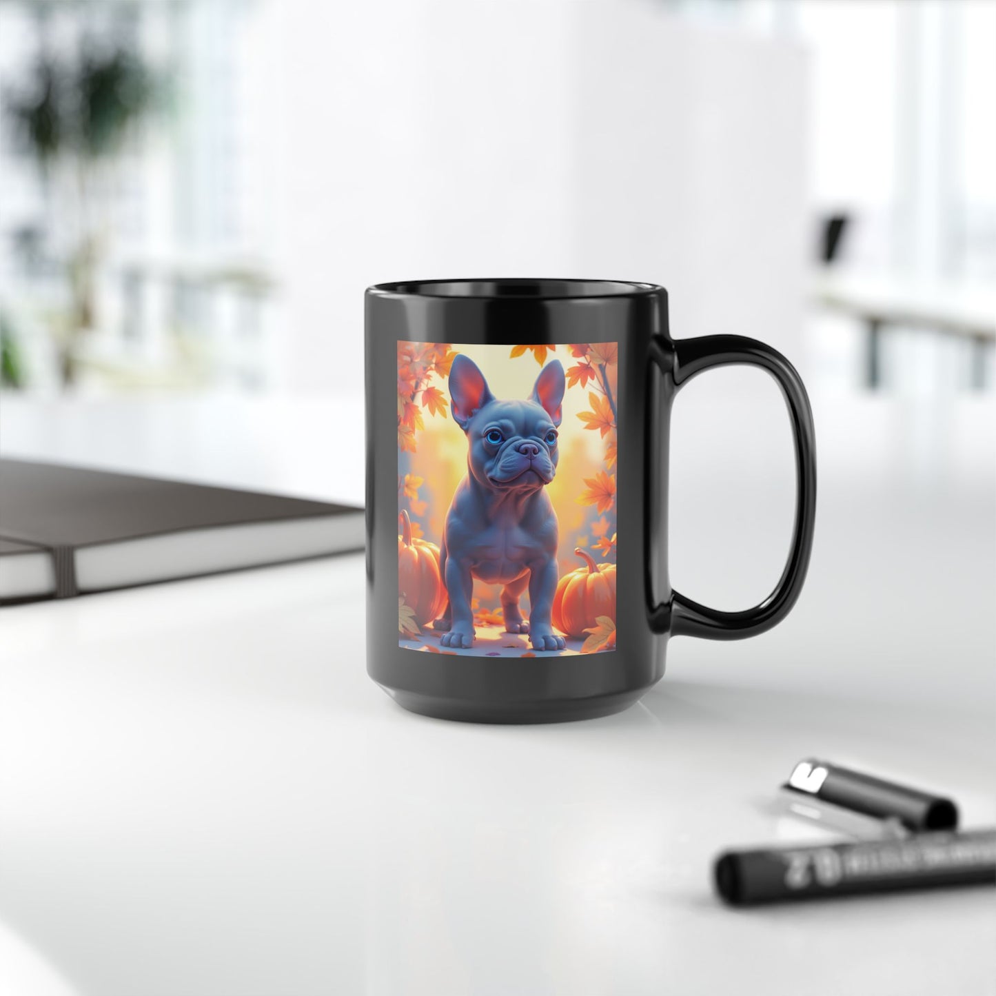 Blue French Bulldog Autumn Black Mug - Cute fall coffee mug for Frenchie dog owners