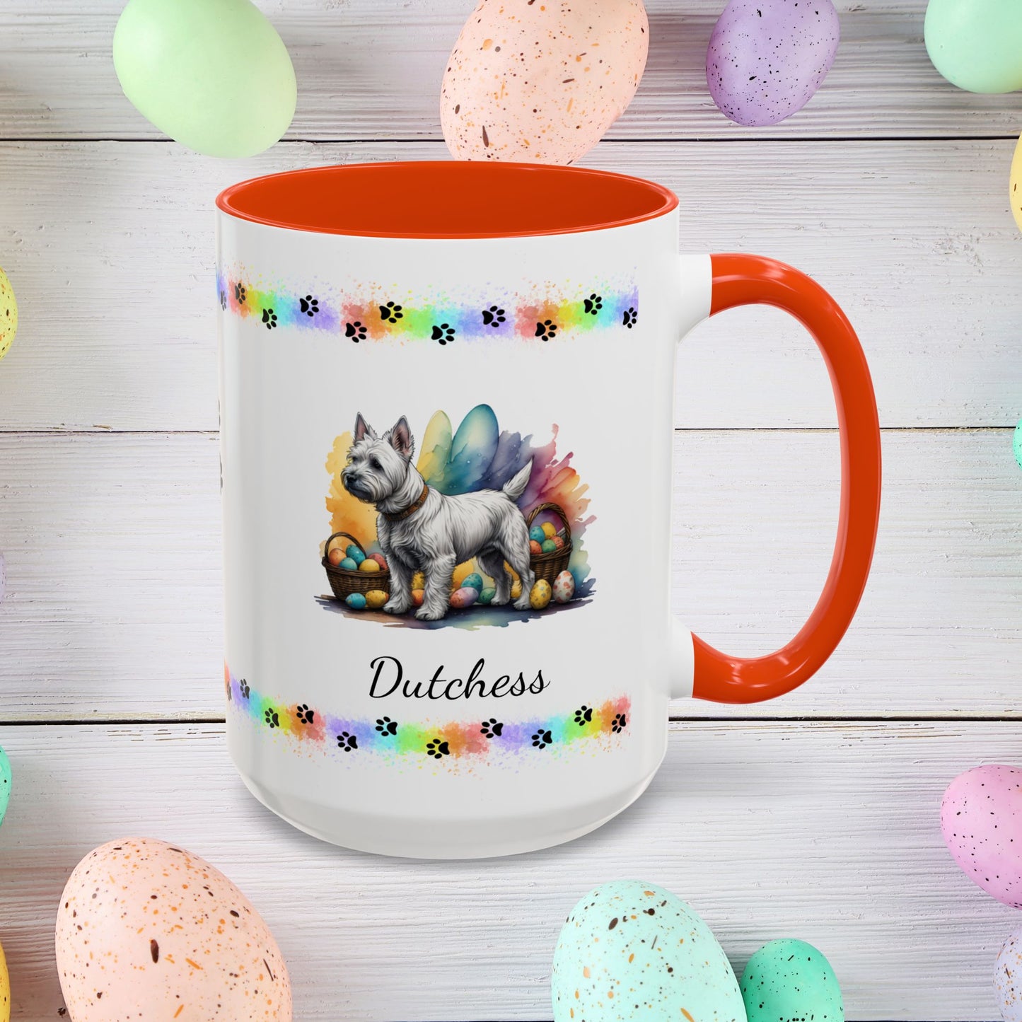 West Highland Terrier Easter puppy coffee mug personalized gift, perfect for Easter mornings and mental health awareness.