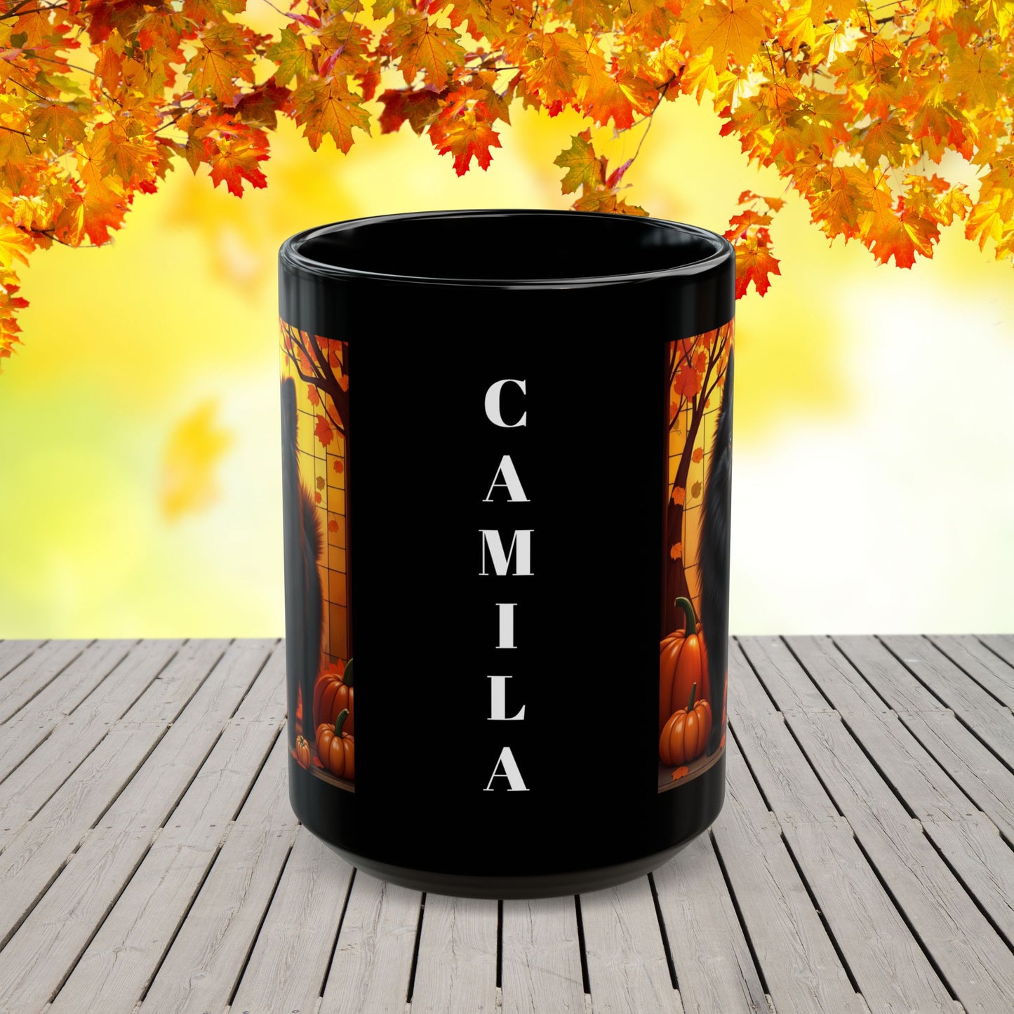 Pomeranian Black - Custom name autumn coffee mug, dog parent gift for Pomeranian lovers