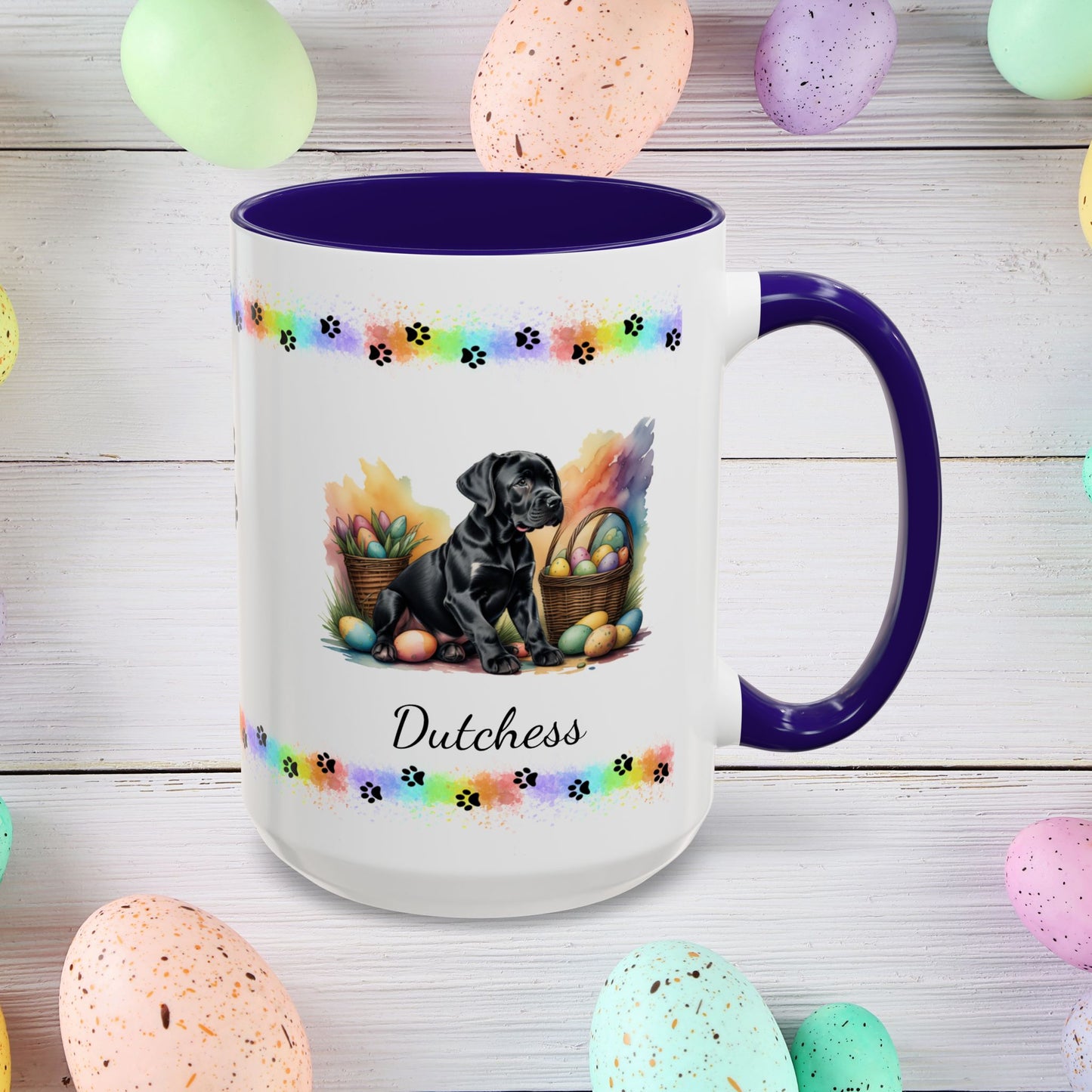 Great Dane Black Easter puppy coffee mug, personalized cute dog gift for mental health support and cozy sipping