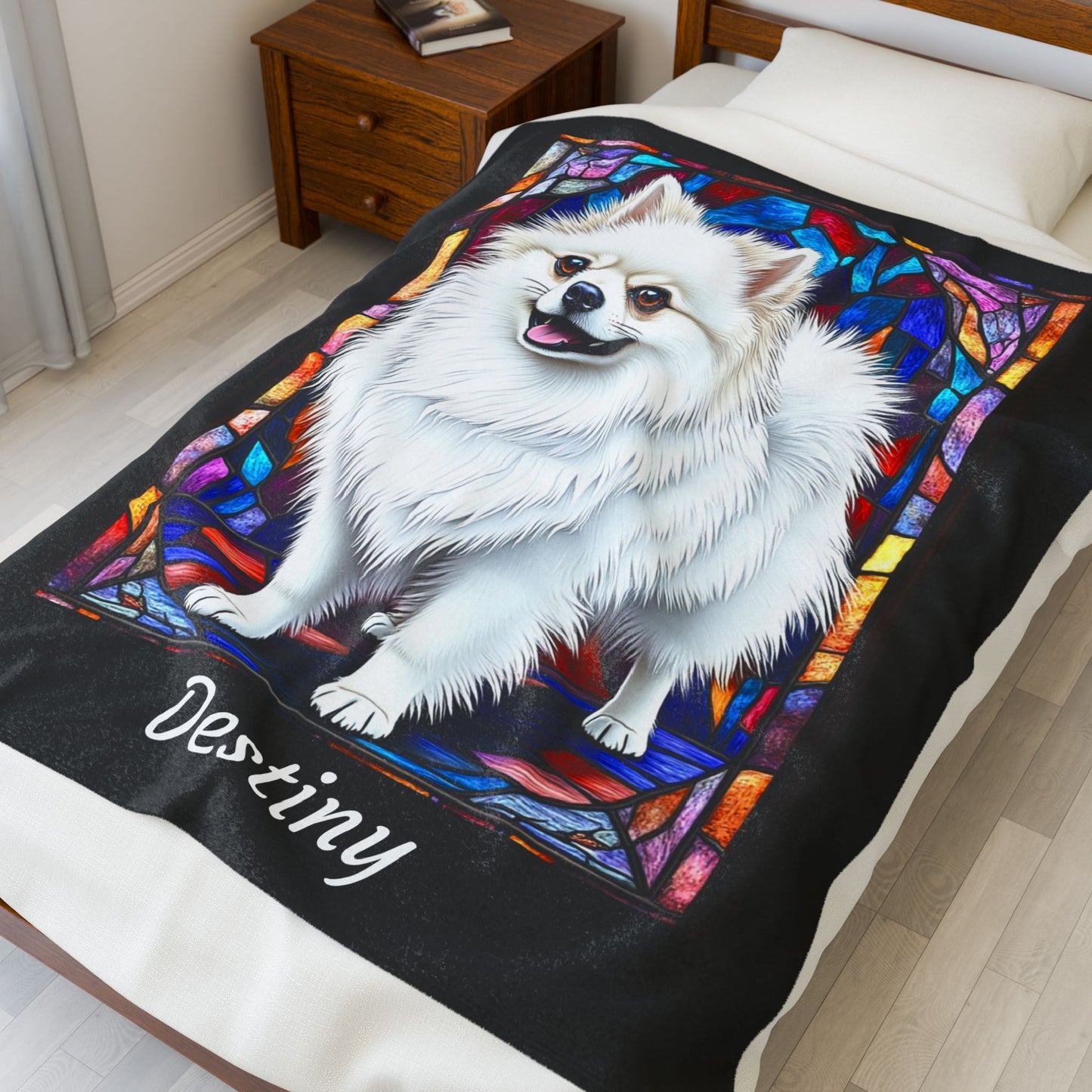 Pomeranian White Coat Blanket, Velveteen Plush Stained Glass Dog Throw, Custom Pet Lover Gift
