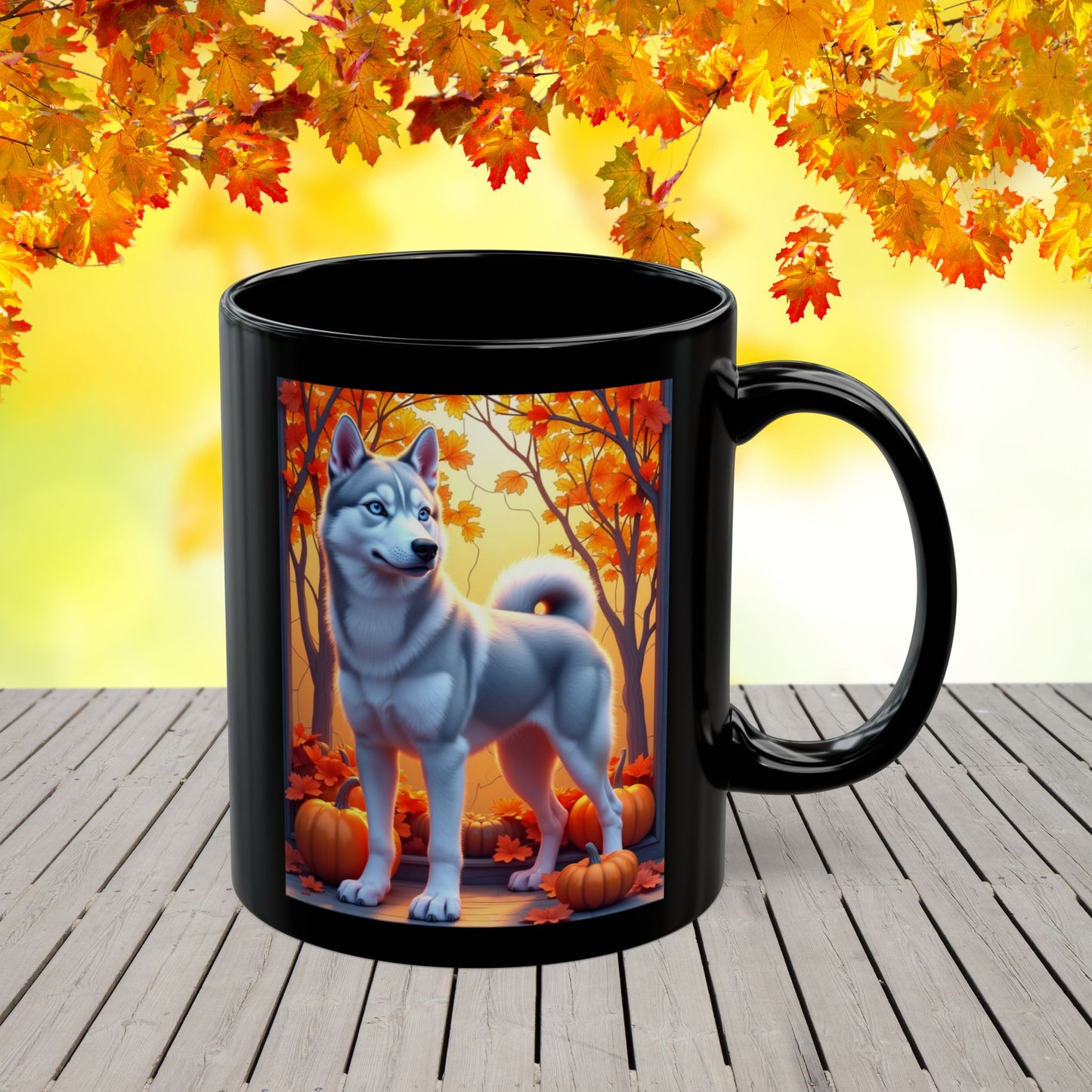 Silver Siberian Husky (Blue Eyes) fall mug, custom coffee cup gift for dog lovers and Husky parents