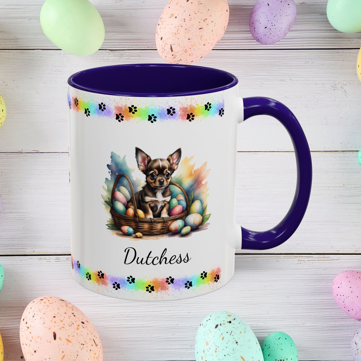 Chihuahua Black Tri personalized Easter puppy mug, cute dog coffee cup, mental health awareness gift