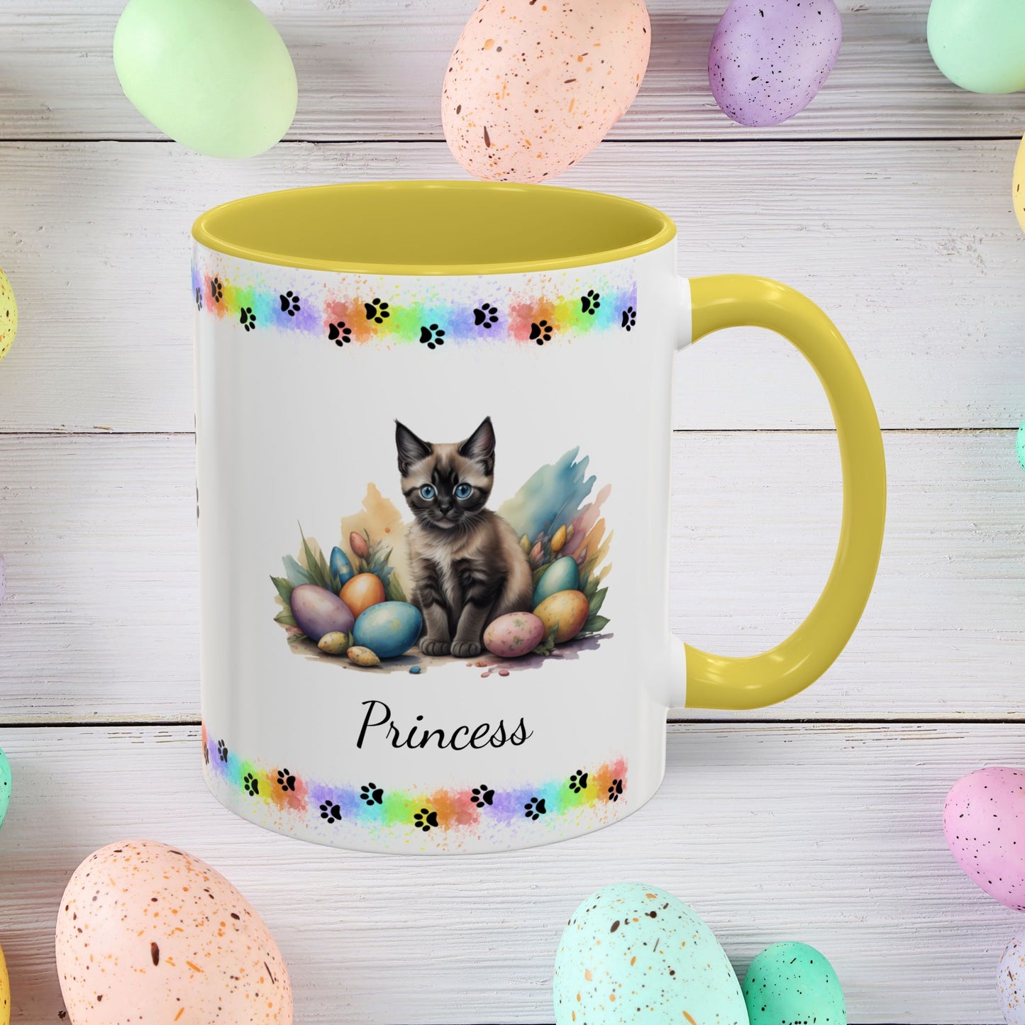 Siamese personalized Easter kitten mug, cute cat coffee cup, gift for mental health support and comfort