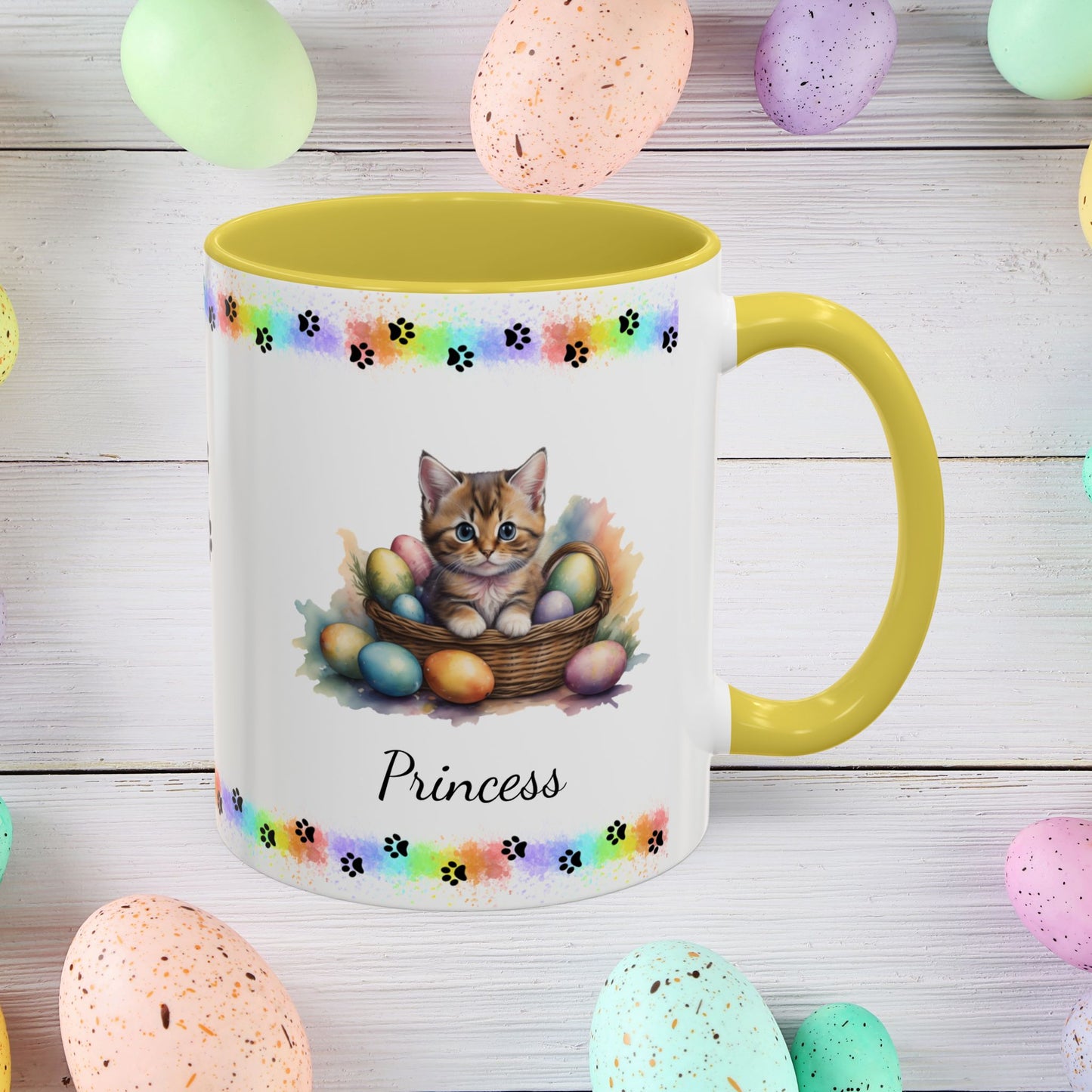 Munchkin personalized Easter coffee mug, cute kitten design, mental health awareness gift for cat lovers
