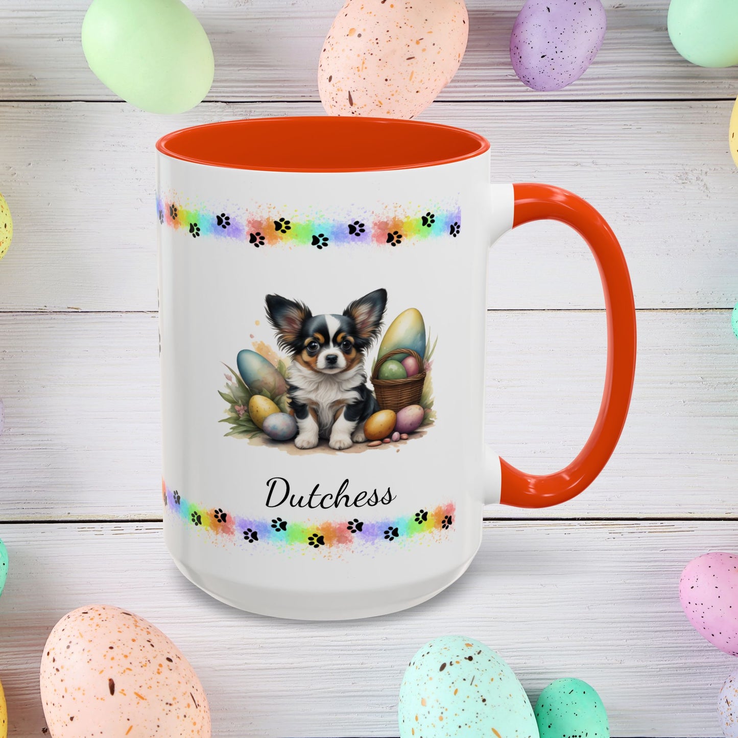 Papillon White, Black & Tan Easter puppy coffee mug, personalized cute dog coffee cup gift for mental health support