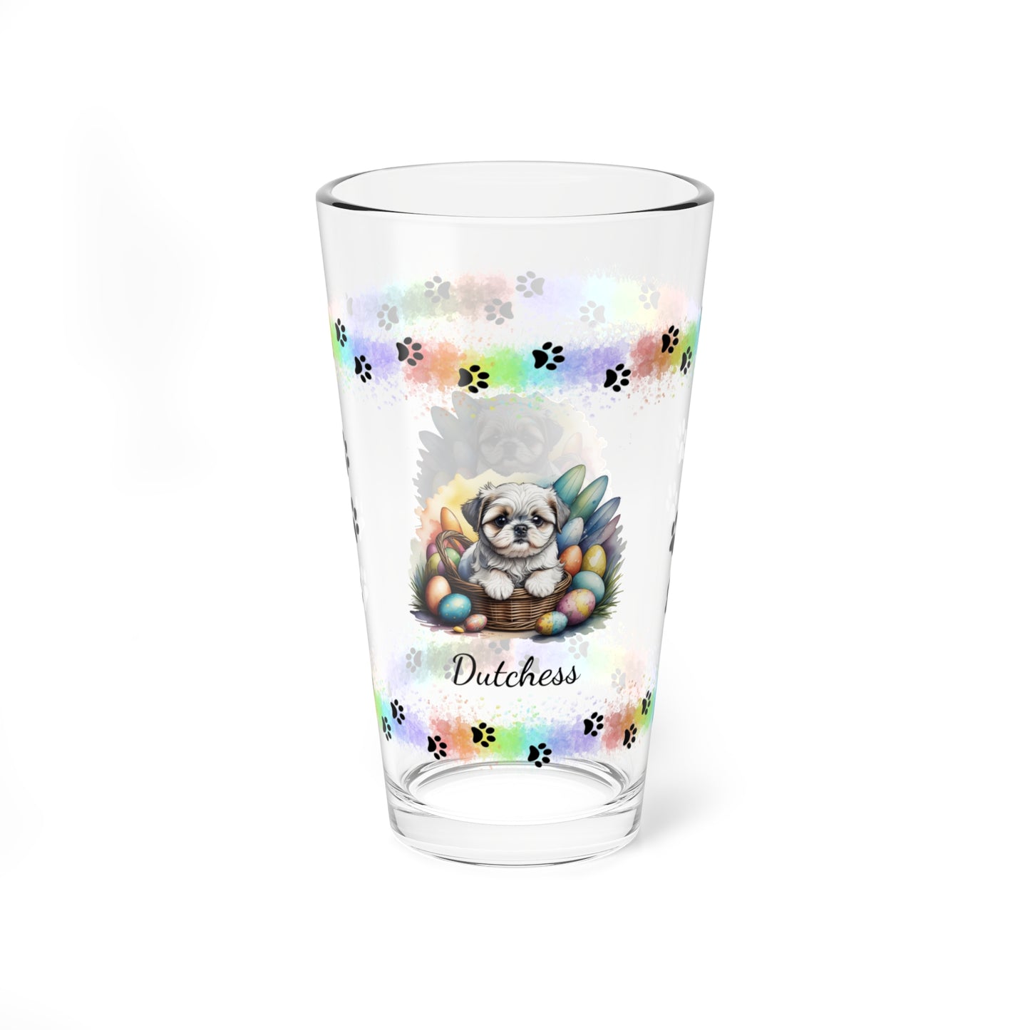 Shih Tzu (Silver & White) Personalized Easter Puppy 16oz Pint Glass - Custom Dog Design, Mental Health Gift, Easter Décor, and Festive Celebrations