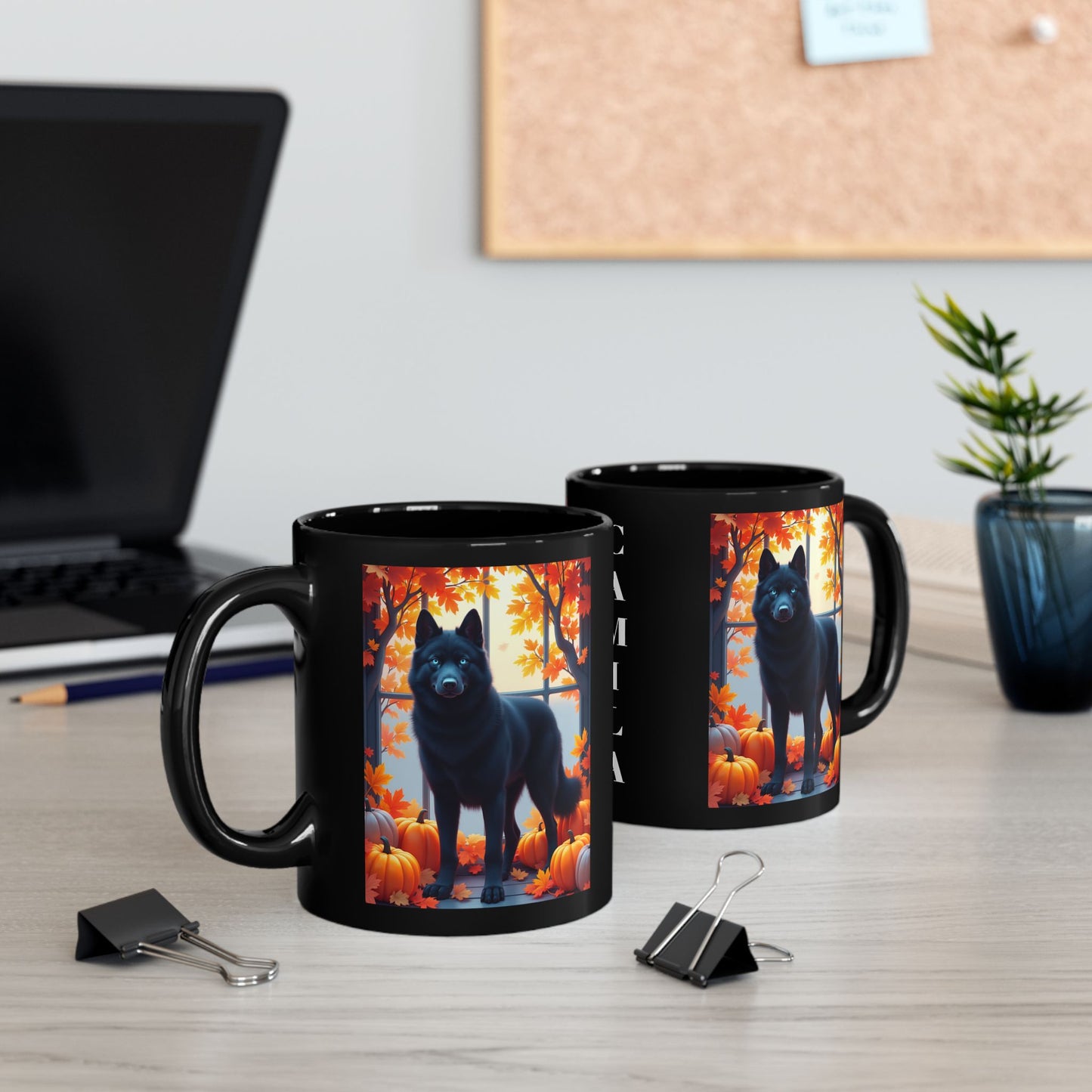 Black Siberian Husky (Blue Eyes) fall mug, custom coffee cup for Husky owners and pet parents