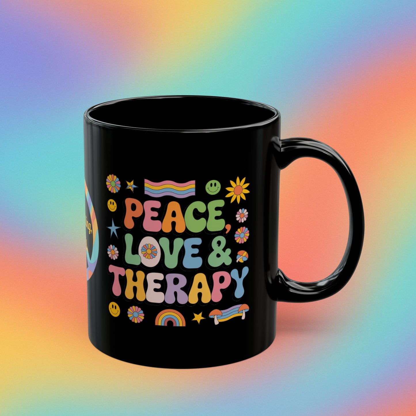 Peace, Love & Therapy retro 70s coffee mug, custom mental health self-care affirmation gift - MySisterIsASurvivor