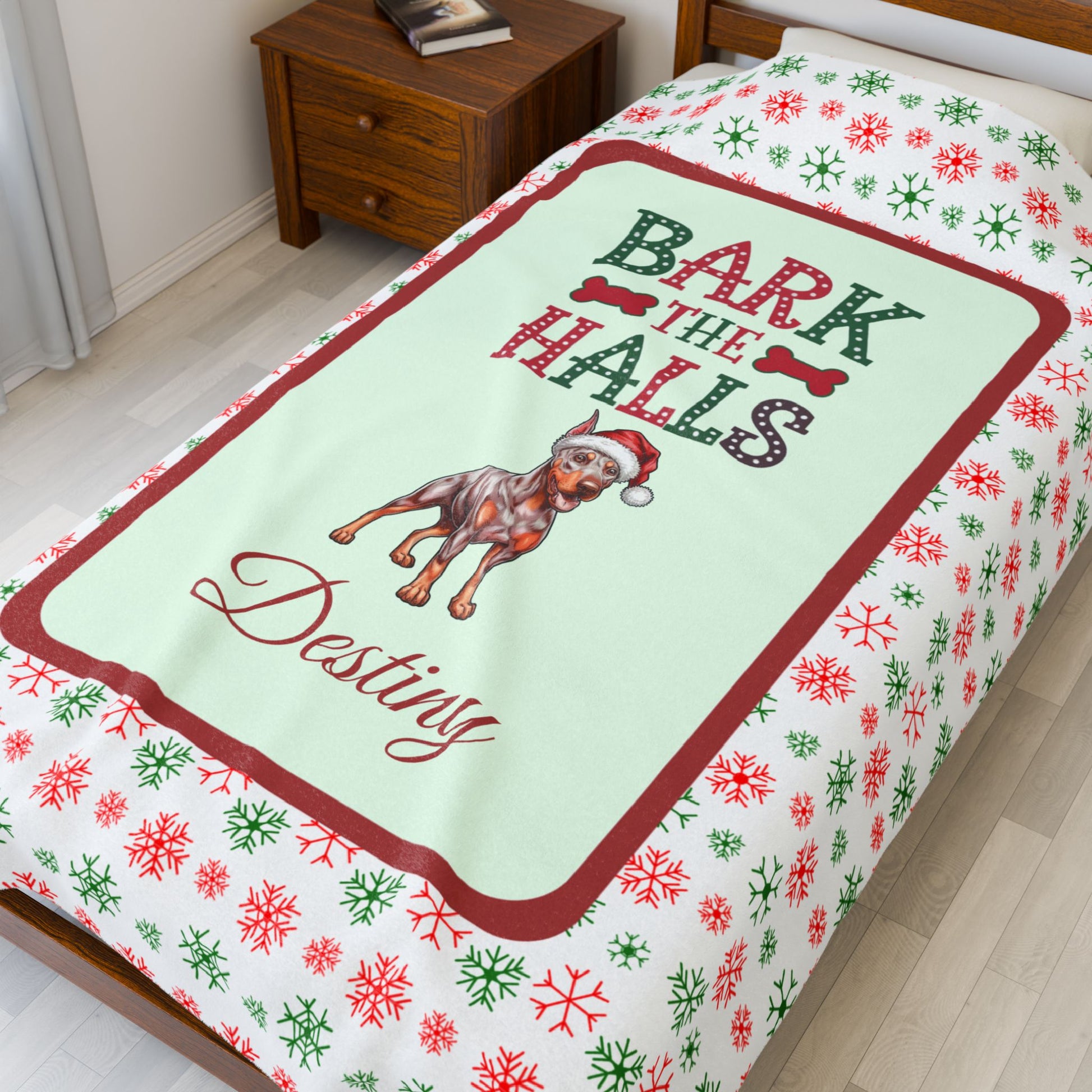 Doberman Pinscher Fawn Isabella and Rust velveteen holiday dog blanket Bark The Halls cozy Christmas throw