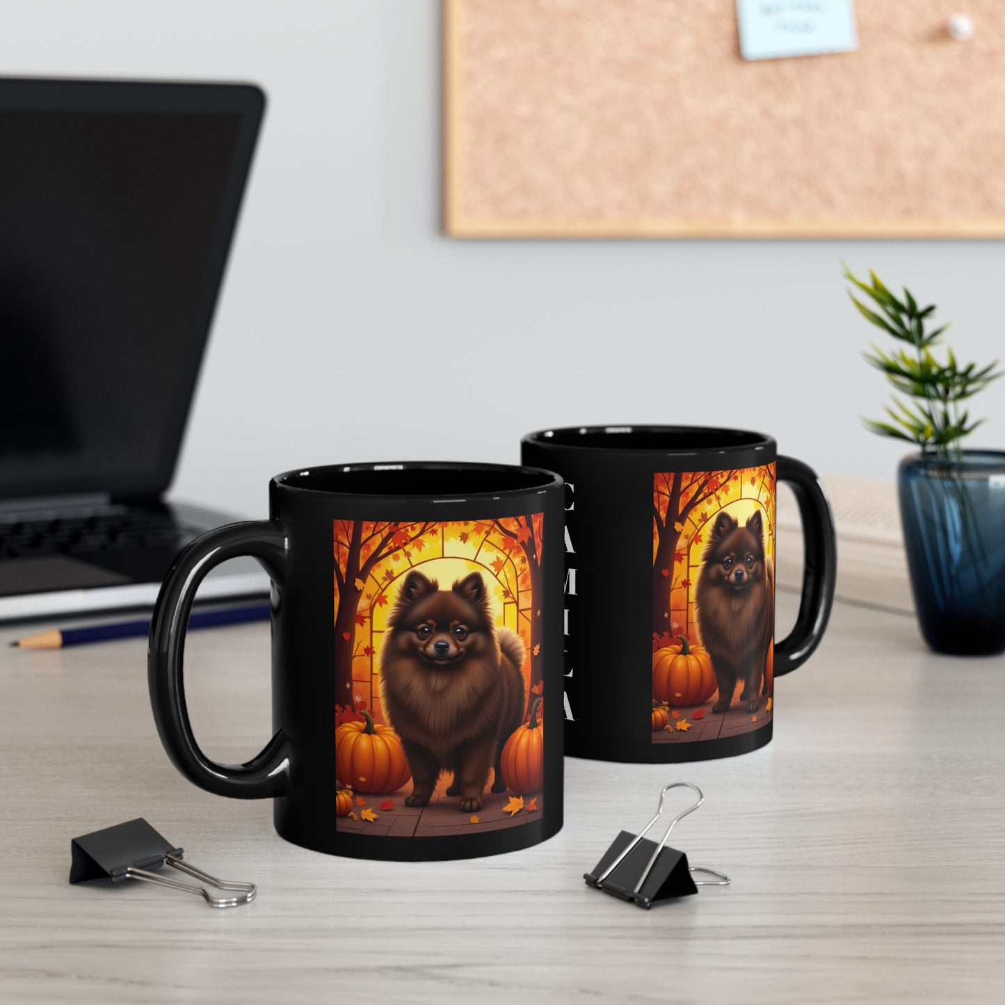 Chocolate Pomeranian autumn coffee mug, custom name dog lover gift for cozy seasonal drinks