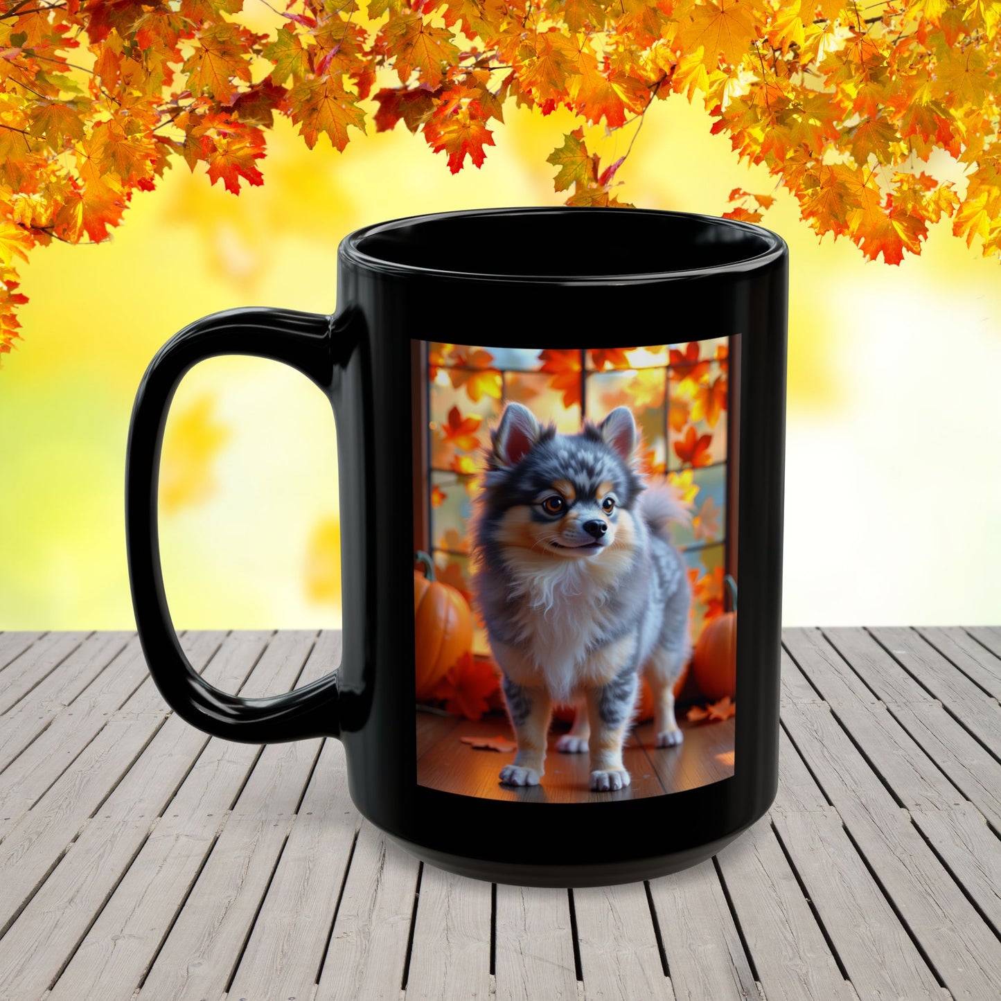 Blue Merle & Tan Pomeranian fall coffee mug, personalized gift for dog lovers and cozy autumn days