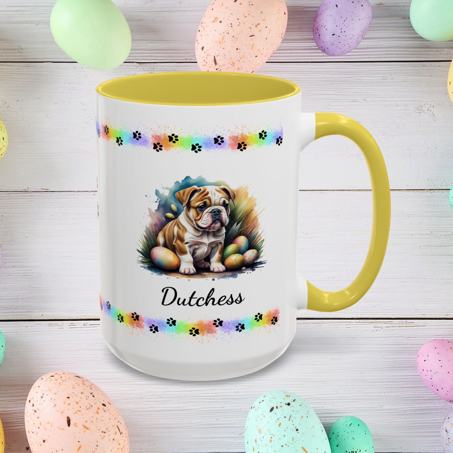 Bulldog Easter puppy coffee mug, personalized cute dog gift for mental health support and cozy mornings