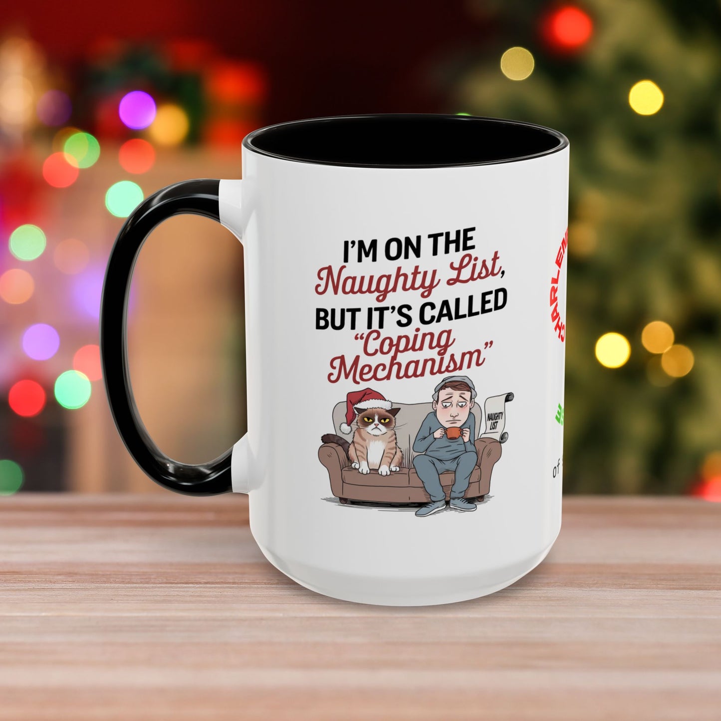 I'm On The Naughty List, But It's Called 'Coping Mechanism' - Christmas Mug with Male and Cat Design and Accent Color