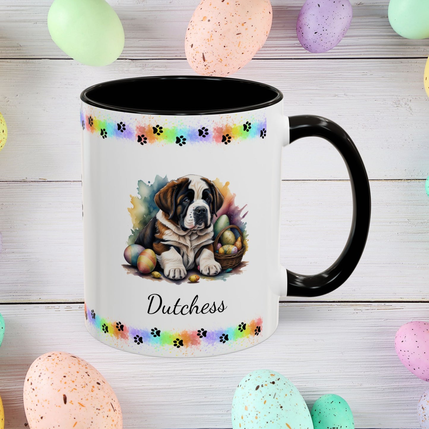 Saint Bernard Easter puppy coffee mug personalized for dog lovers, promoting comfort, calm, and joyful Easter mornings.