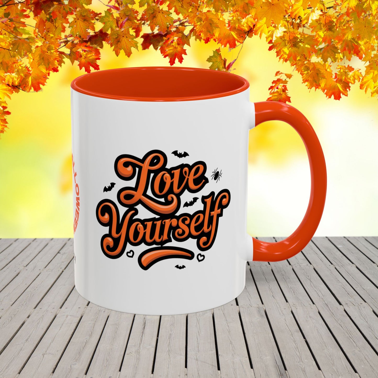 Love Yourself Halloween Mug -custom coffee cup with name & uplifting seasonal quote