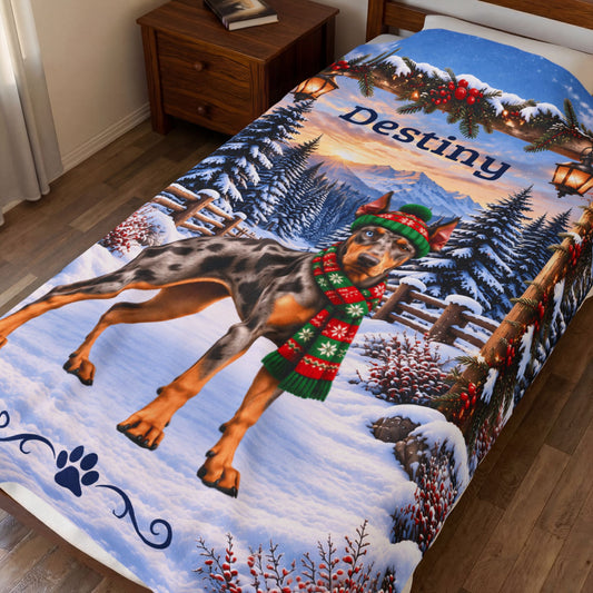 Doberman (Merle Coat) - Personalized Winter Blanket, Lantern-Lit Woodland Velveteen Throw