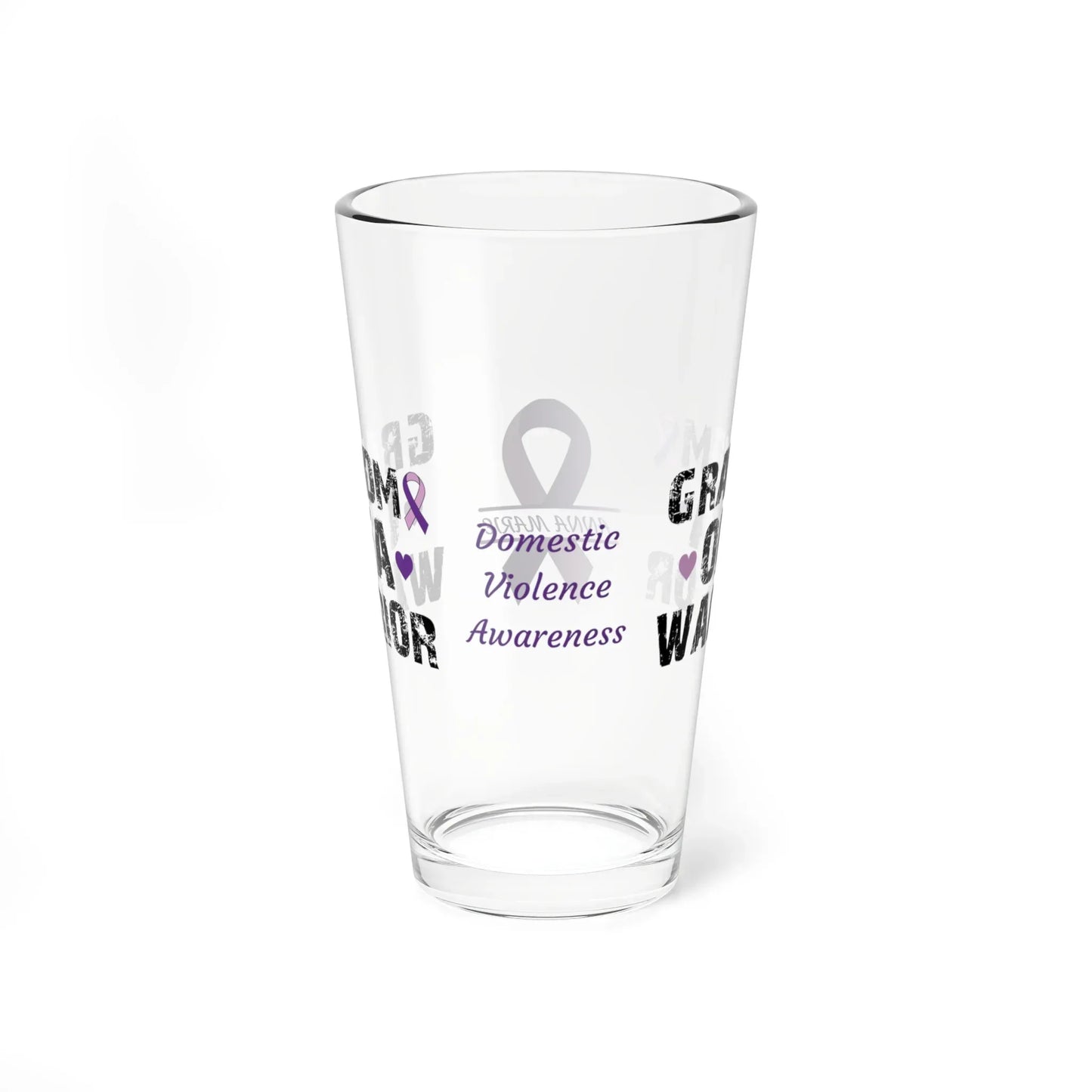 Shop our premium grandma of a warrior domestic violence awareness pint glass 16oz from MySisterIsASurvivor.