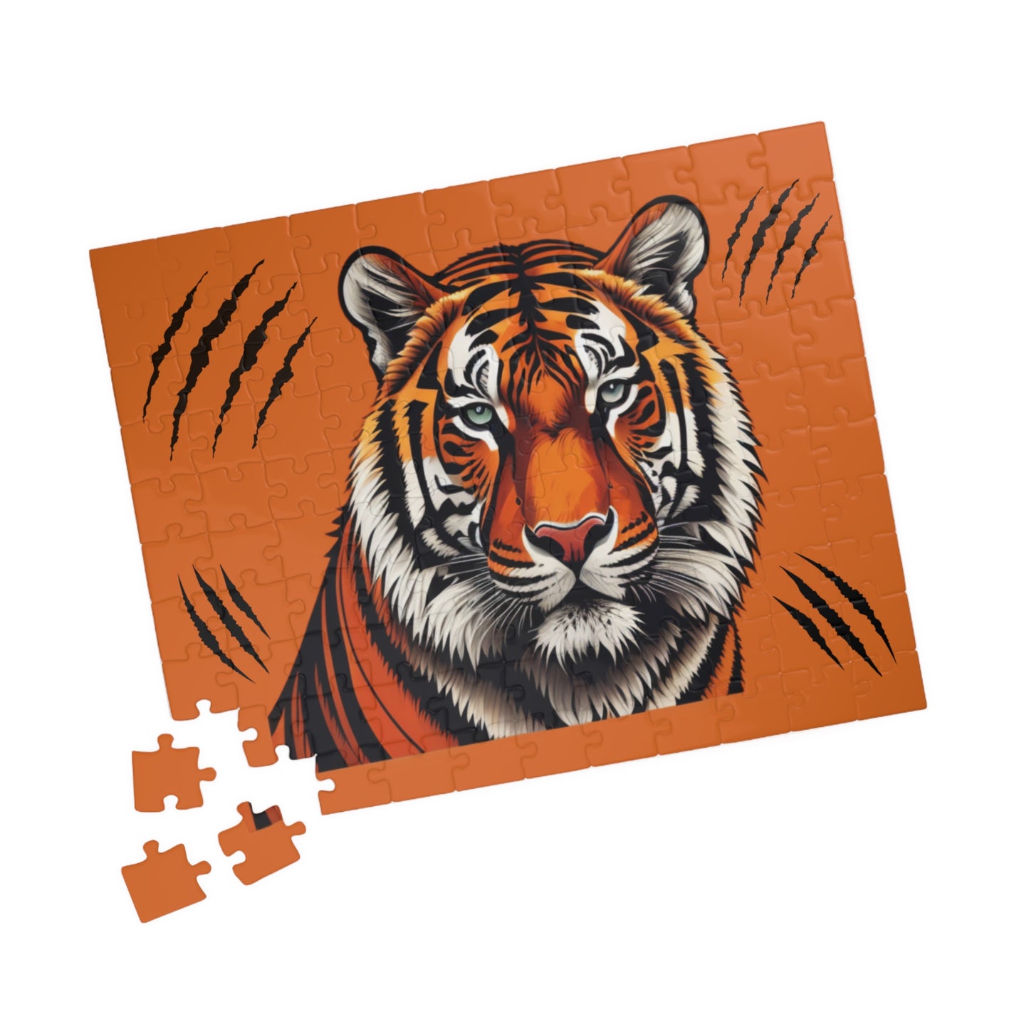 Powerful tiger standing tall in a dynamic pose, captured on a jigsaw puzzle representing bold inner strength