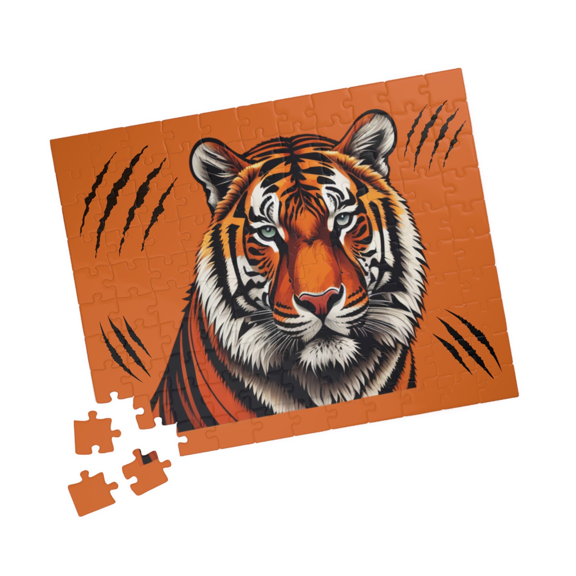 Powerful tiger standing tall in a dynamic pose, captured on a jigsaw puzzle representing bold inner strength