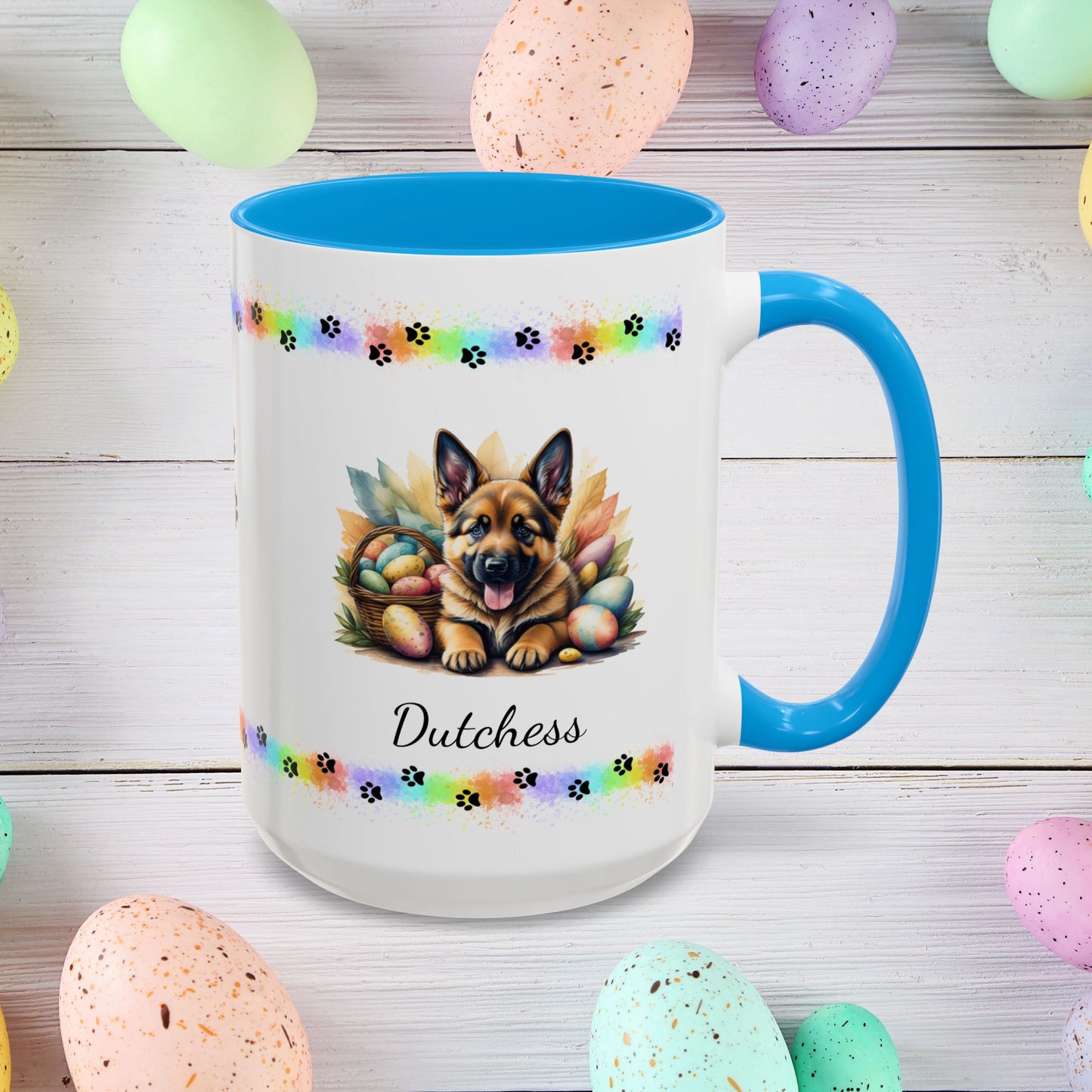 German Shepherd (Saddle): Personalized Easter Puppy Coffee Mug - Adorable Dog Design, Mental Health Gift, 11oz & 15oz, 12 Color Choices, Easter Gifts & Décor