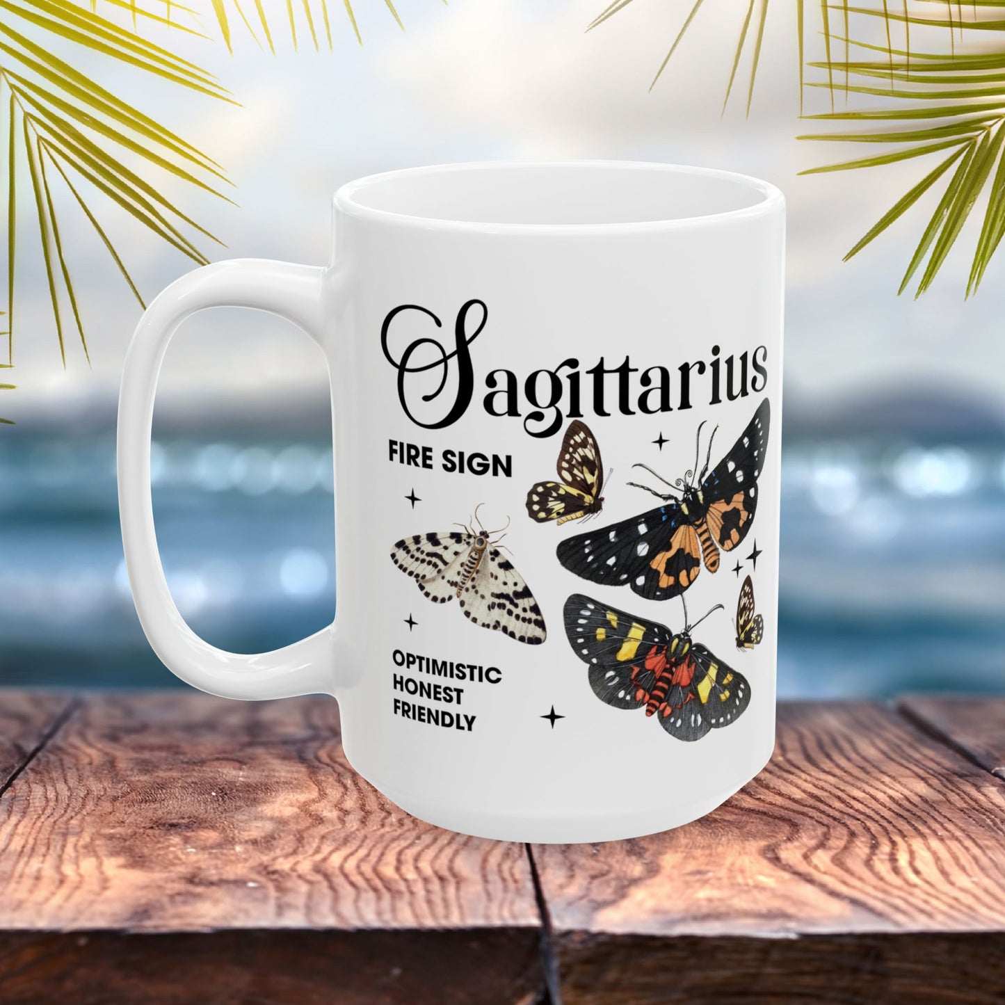 Sagittarius zodiac mug with butterfly art, custom astrology gift idea