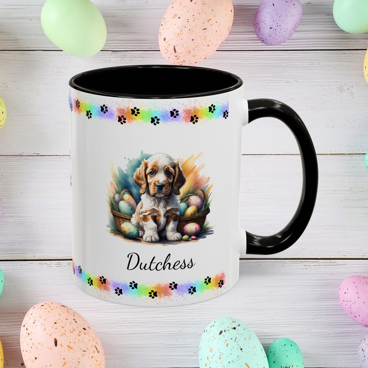 Cocker Spaniel Orange Roan personalized Easter puppy mug, cute dog coffee cup gift for mental health awareness