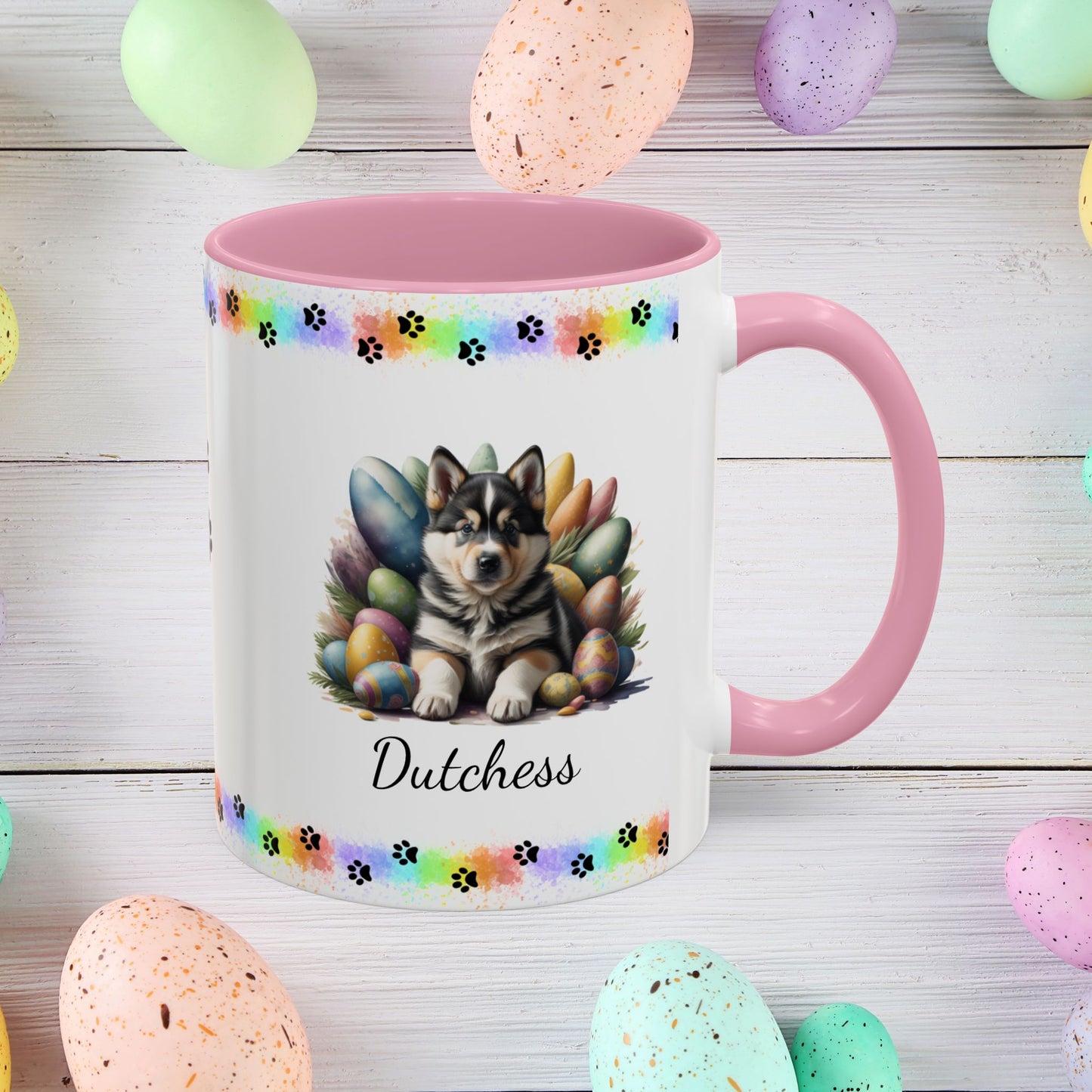 Alaskan Malamute Easter puppy coffee mug, personalized cute dog gift for mental health support and comfort