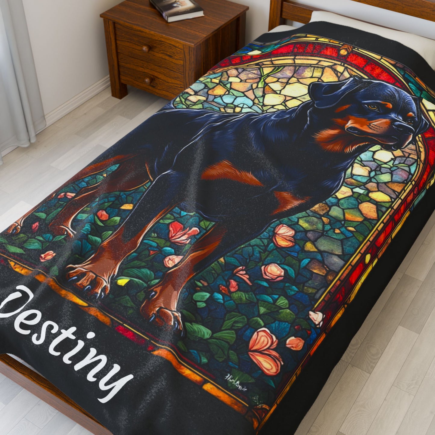 Rottweiler Black & Mahogany Coat Blanket, Velveteen Plush Stained Glass Dog Throw, Personalized Gift