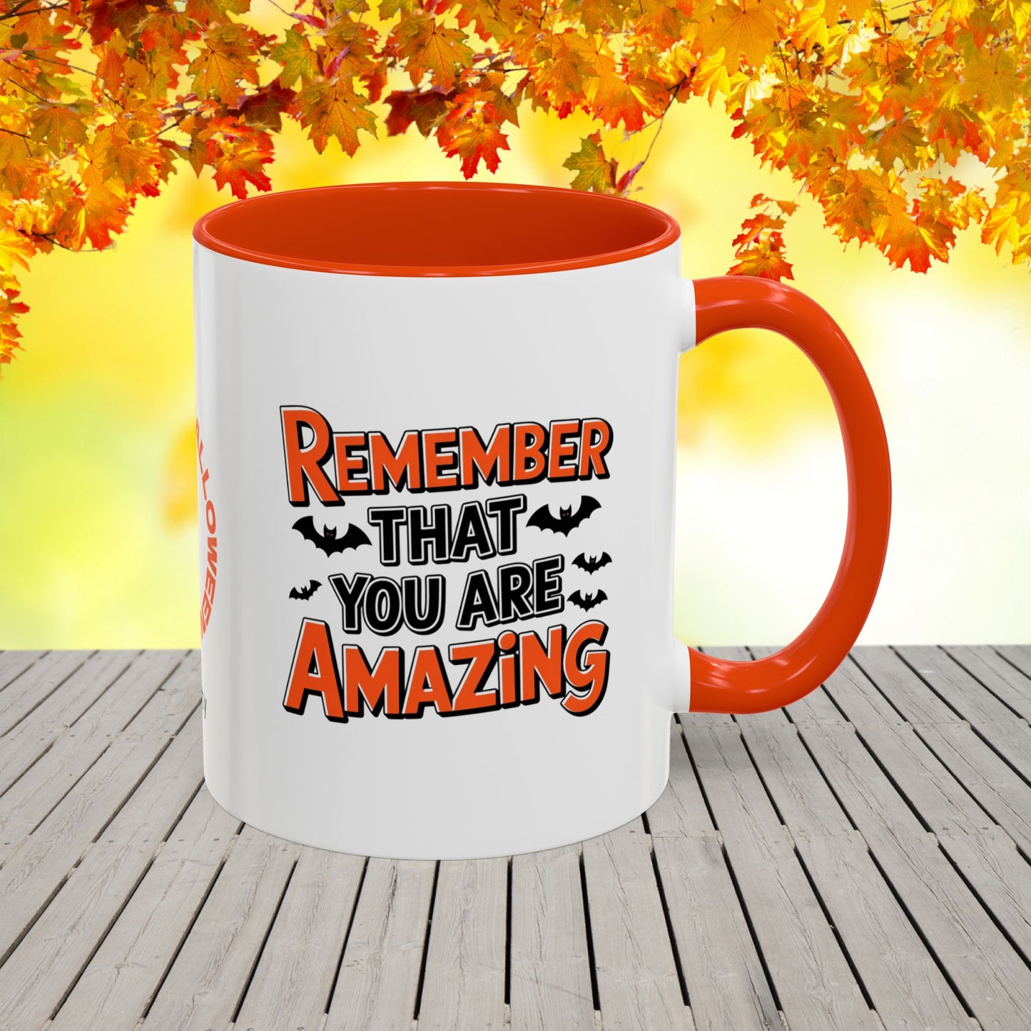 Halloween mental health mug with “You Are Amazing” quote, personalized with name, inspiring self-esteem gift.