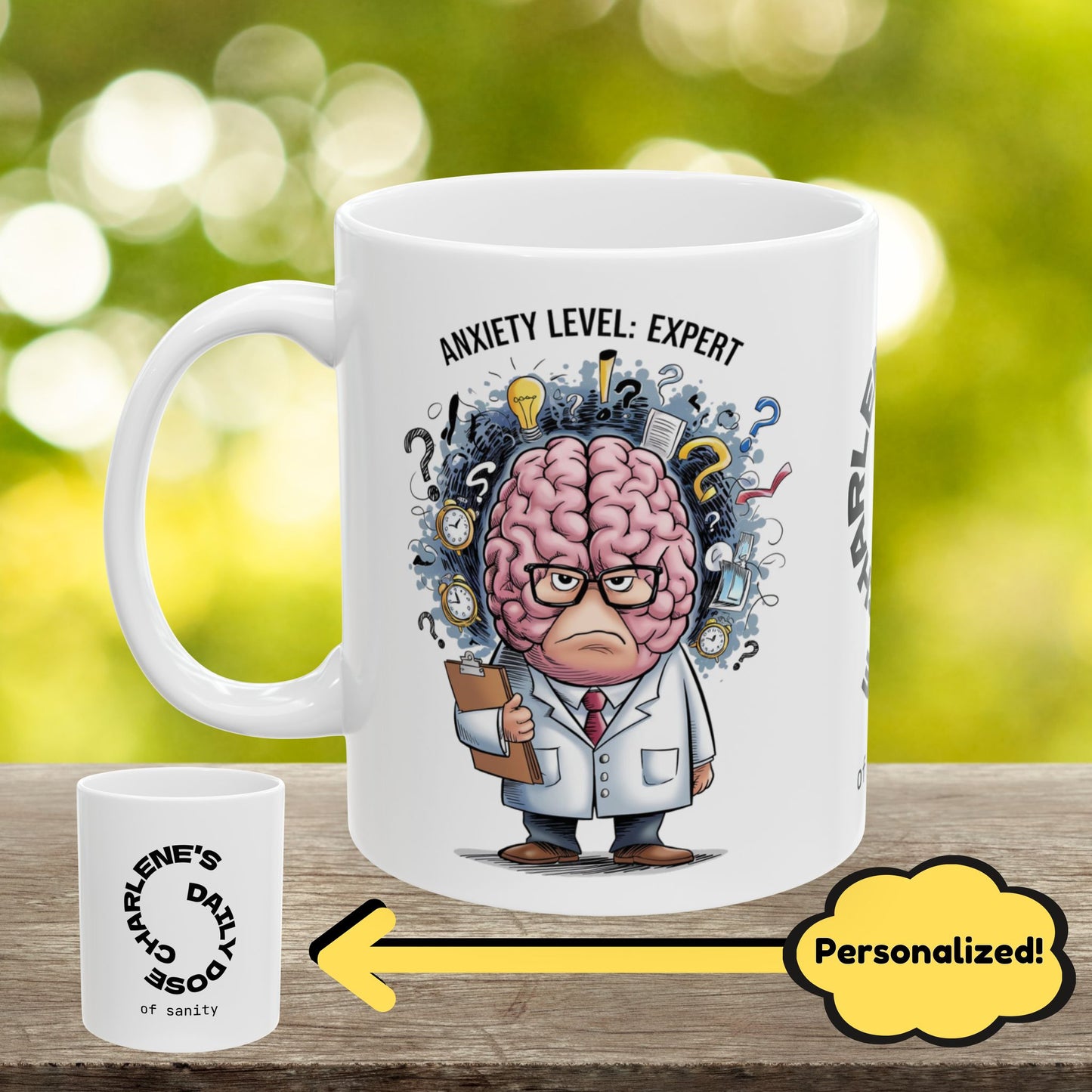 Personalized "Anxiety Level: Expert" funny mental health mug with affirmations for anxiety and mental health support.