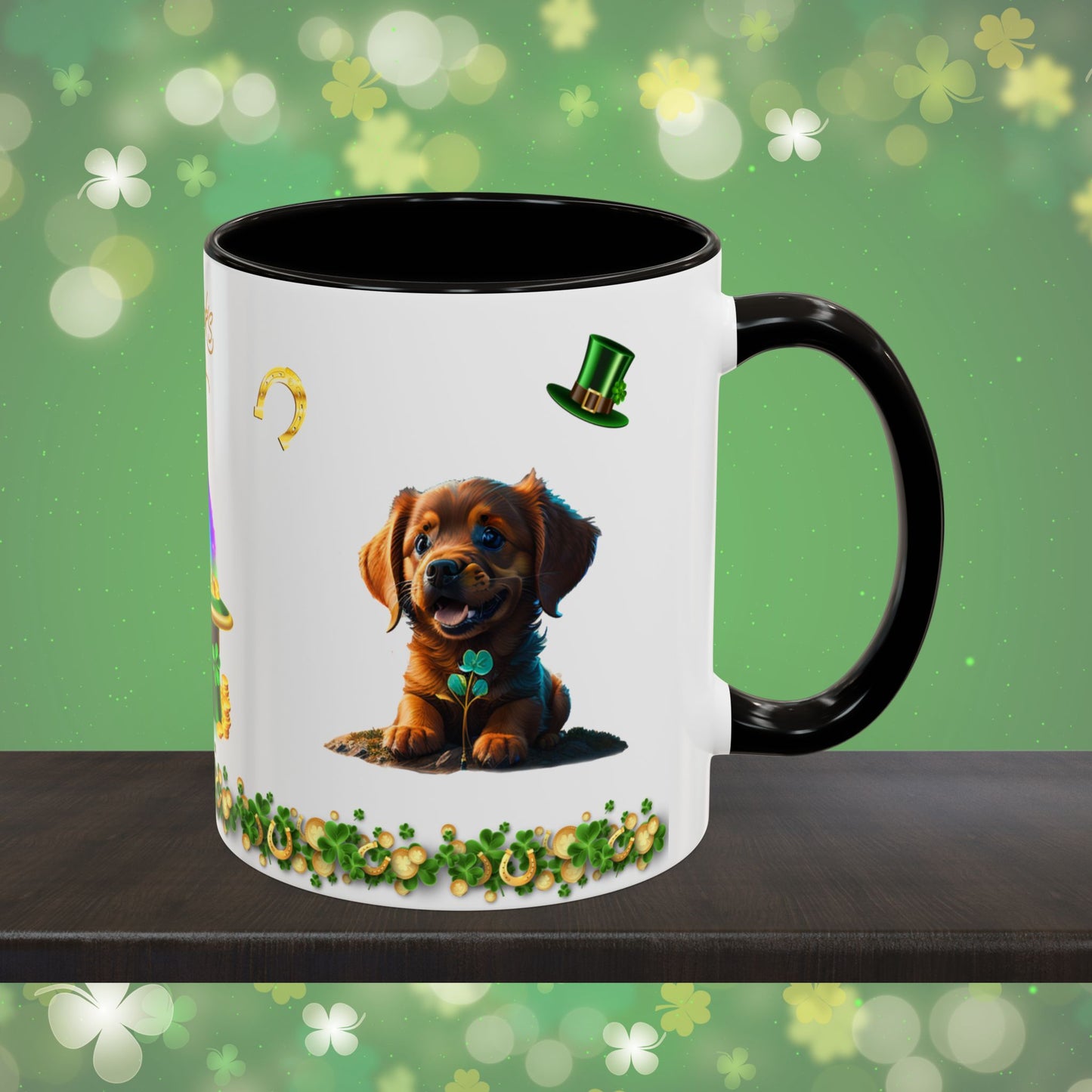 Shamrock Serenity Puppy: St. Patrick's Day Two-Tone Coffee Mug - Festive Ceramic Mug for Positivity & Mindfulness