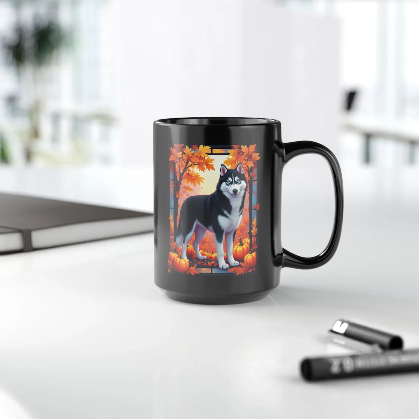 Shop our premium black and white husky blue eyes autumn black mug from MySisterIsASurvivor.