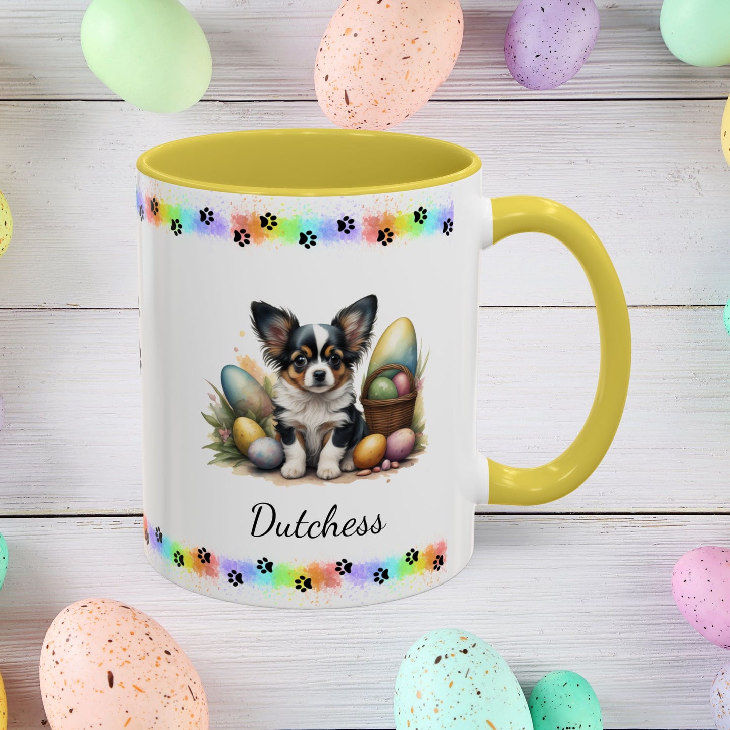 Papillon White, Black & Tan Easter puppy coffee mug, personalized cute dog coffee cup gift for mental health support