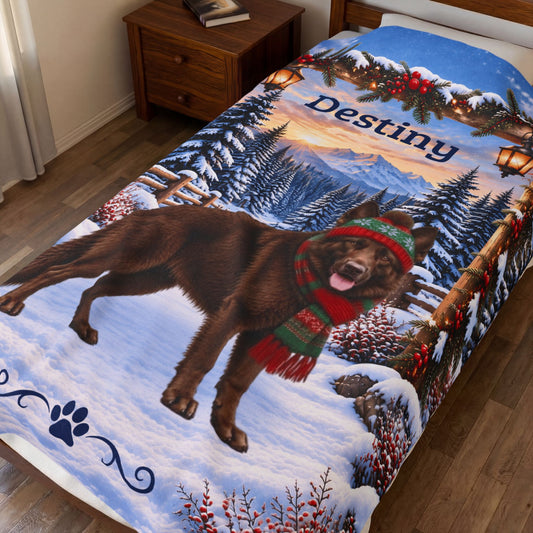 German Shepherd (Liver Coat) - Personalized Winter Woodland Throw, Custom Name Velveteen Blanket - MySisterIsAsurvor