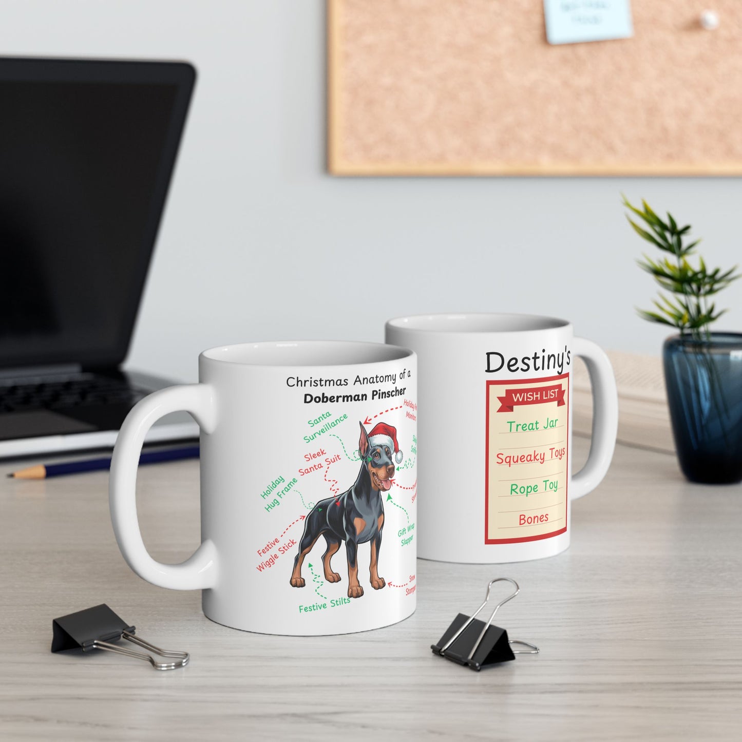 Doberman Pinscher (Blue & Rust) Personalized Christmas Dog Anatomy Mug, Funny Holiday Gift for Dog Lovers, Festive Dog Breed Coffee Cup