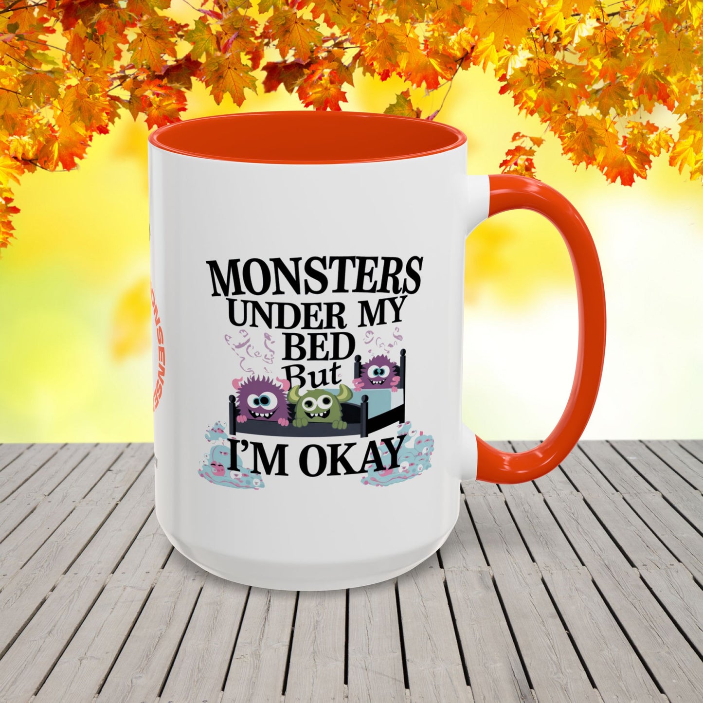 Empowering Halloween mug with monsters-under-the-bed theme, designed for anxiety support and mental health warriors