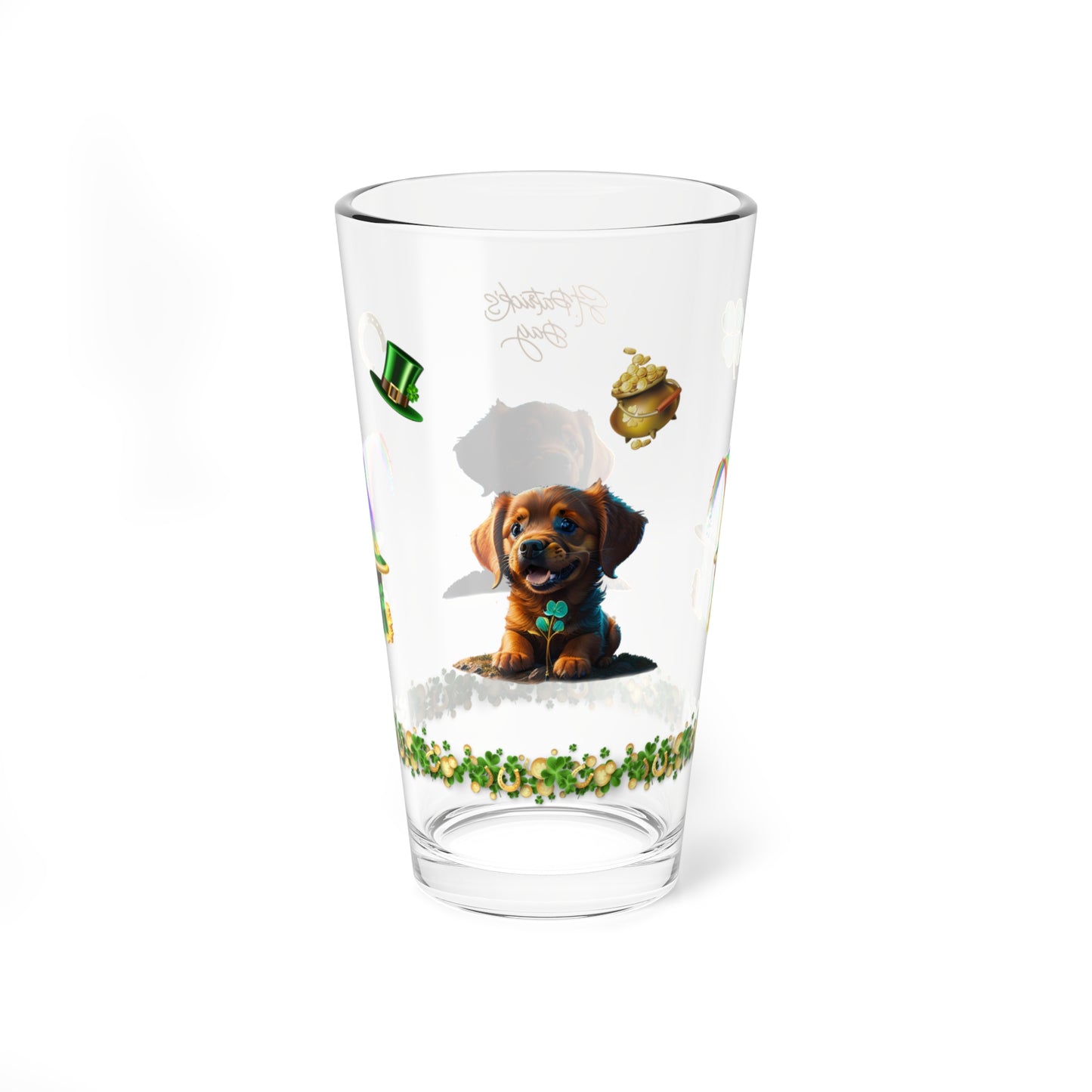 Shamrock Serenity Puppy: Mindful St. Patrick's Day 16oz Pint Glasses - Festive Design for Positivity & Wellness