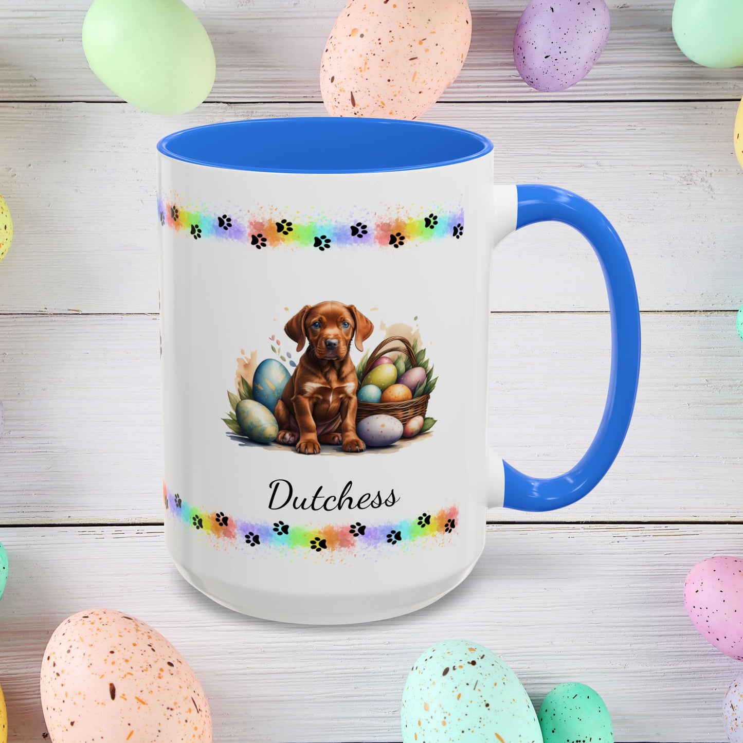 Vizsla Easter puppy coffee mug personalized adorable dog lover gift, great for mindful self-care and Easter gifting.