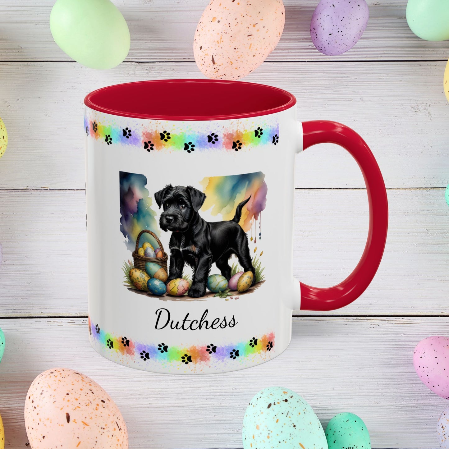 Black Schnauzer Easter puppy coffee mug personalized dog lover gift, promoting peace, positivity, and emotional wellness.