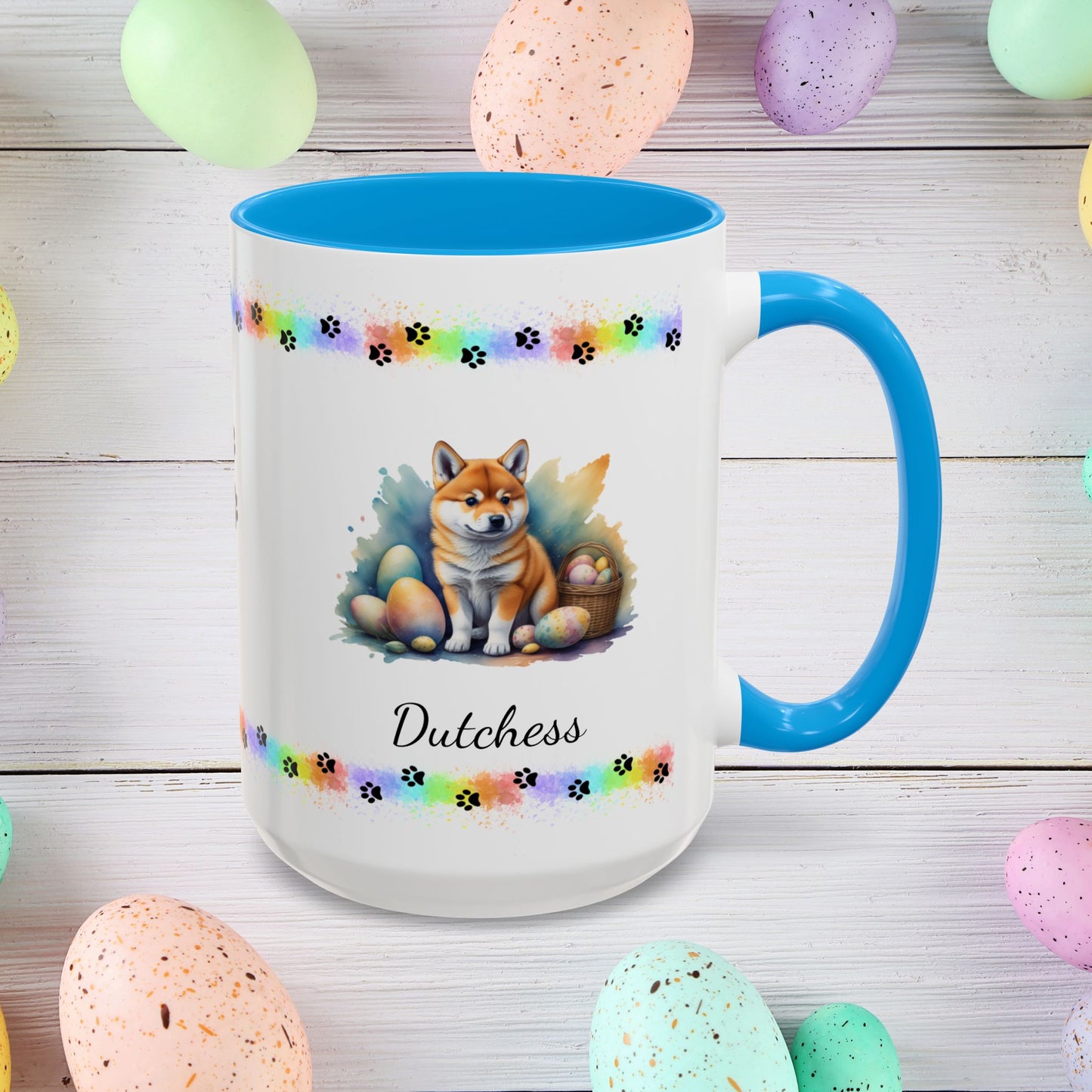 Shiba Inu Easter puppy coffee mug personalized for dog lovers, perfect for mental health support and Easter happiness.