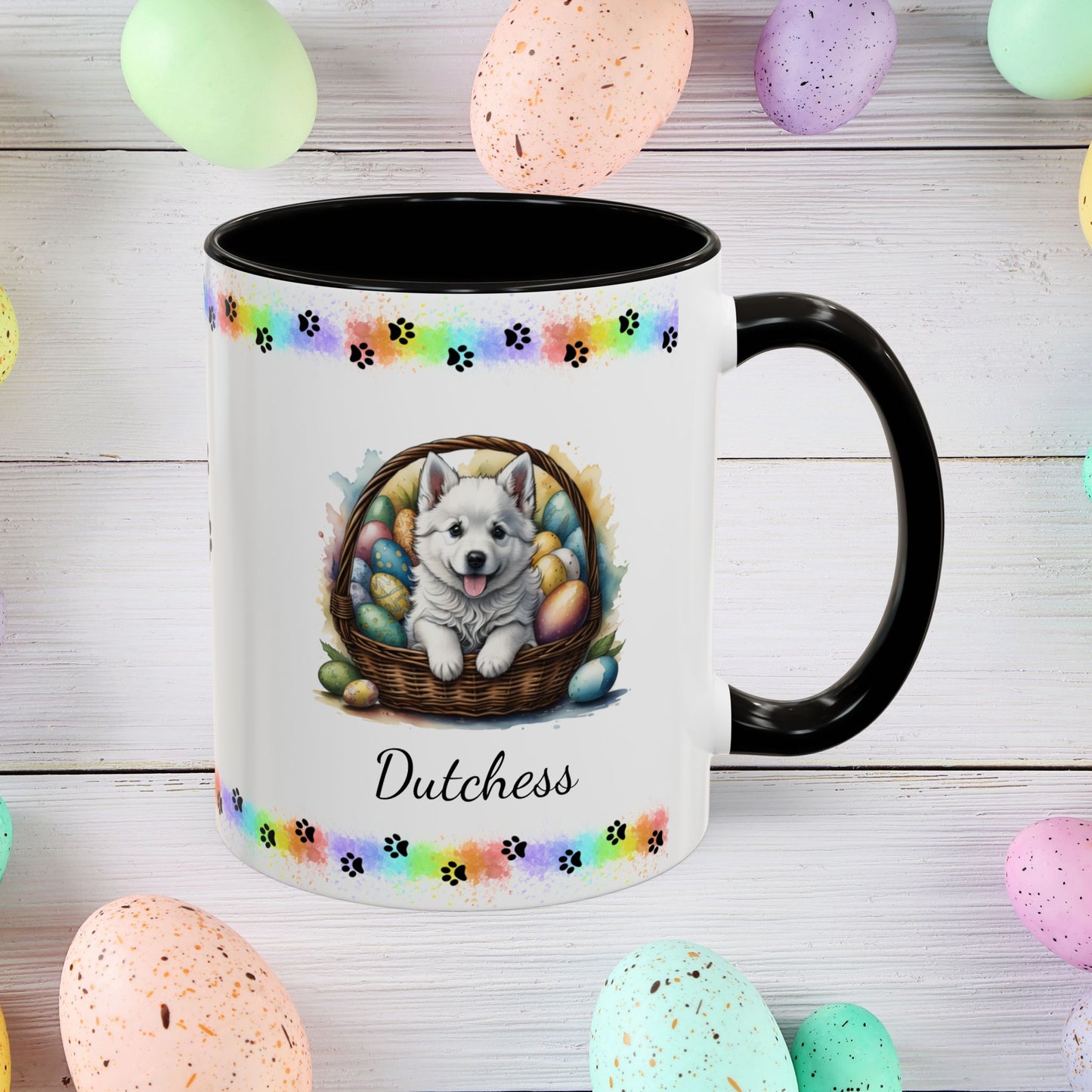 American Eskimo personalized Easter puppy mug, cute dog coffee cup, mental health awareness gift for dog lovers