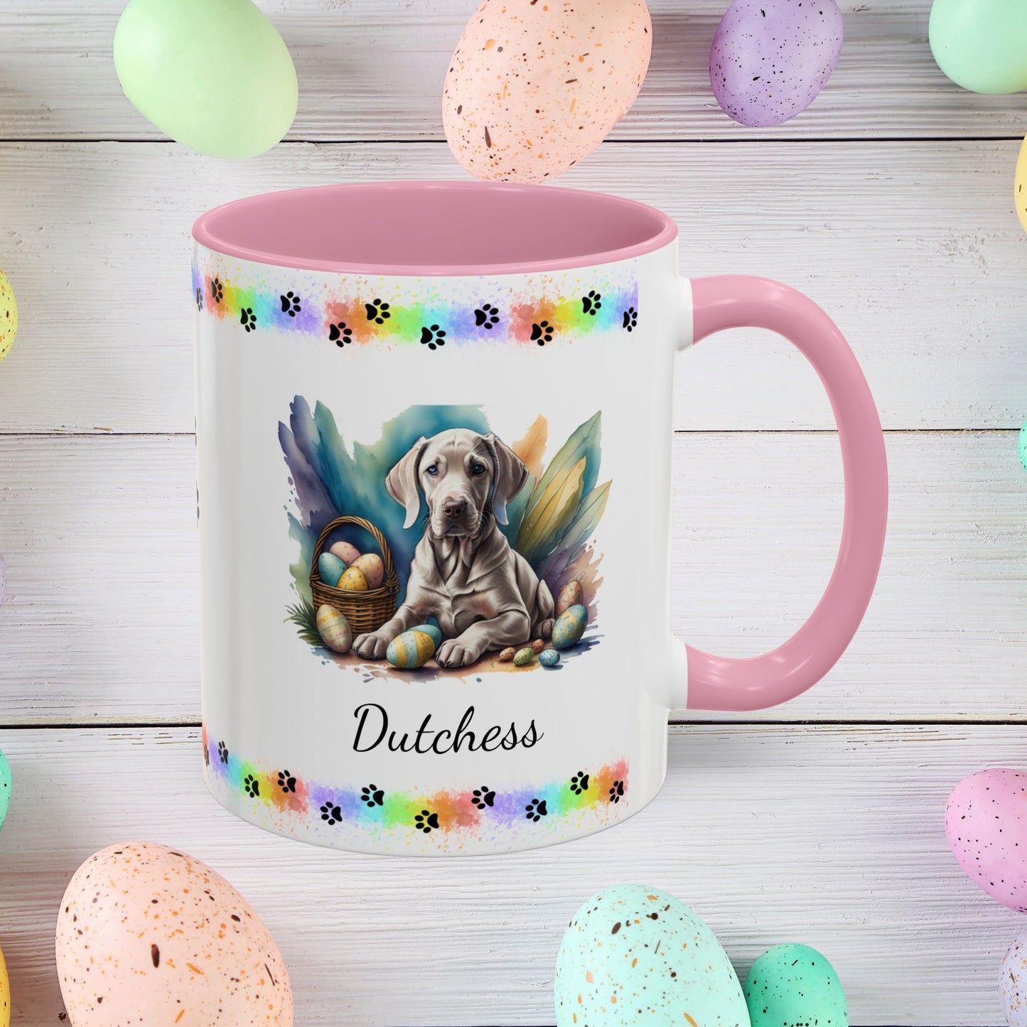 Weimaraner taupe Easter puppy coffee mug personalized dog design, ideal for promoting calm, comfort, and spring cheer.
